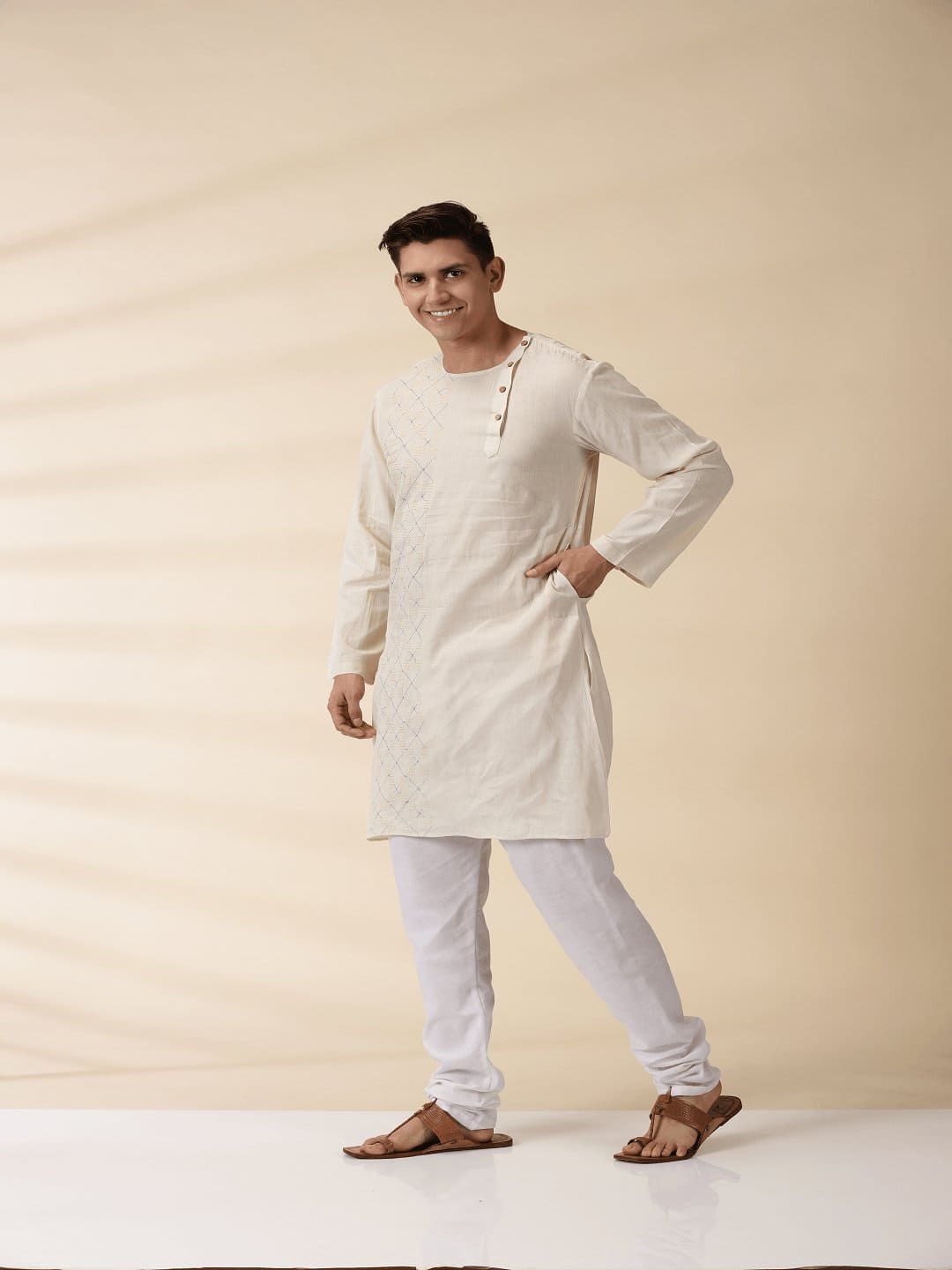 Off-White Khadi Men Nehru Jacket & Kurta - Charkha TalesOff-White Khadi Men Nehru Jacket & Kurta