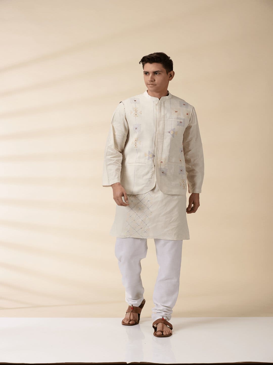 Off-White Khadi Men Nehru Jacket & Kurta - Charkha TalesOff-White Khadi Men Nehru Jacket & Kurta