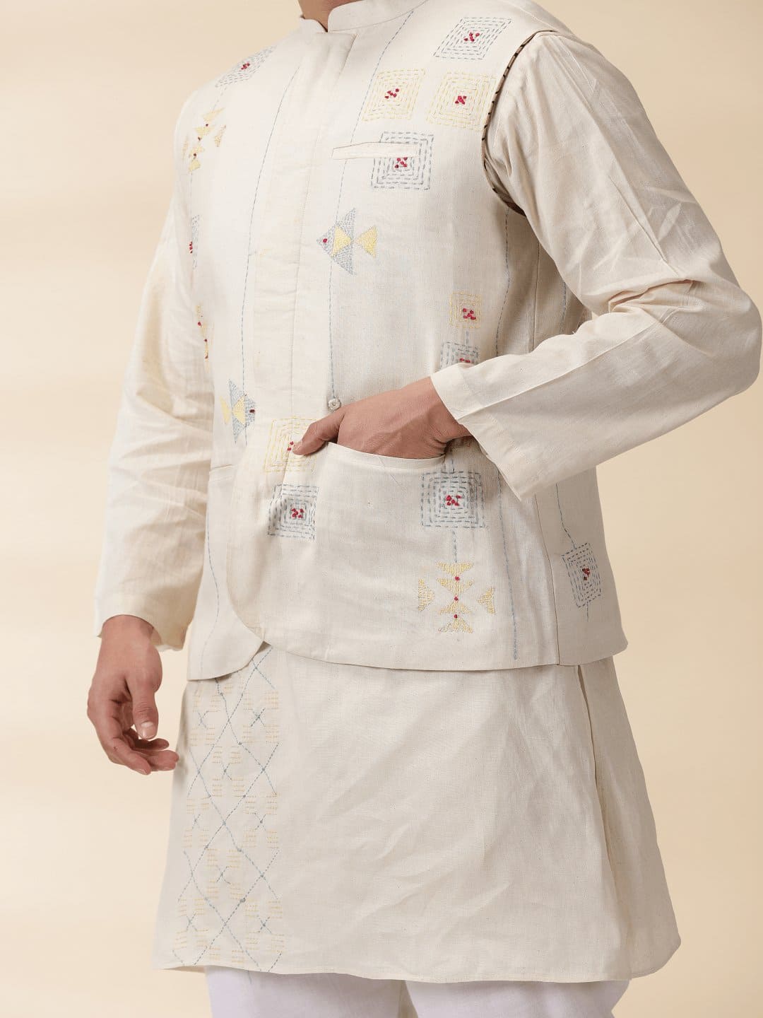 Off-White Khadi Men Nehru Jacket & Kurta - Charkha TalesOff-White Khadi Men Nehru Jacket & Kurta