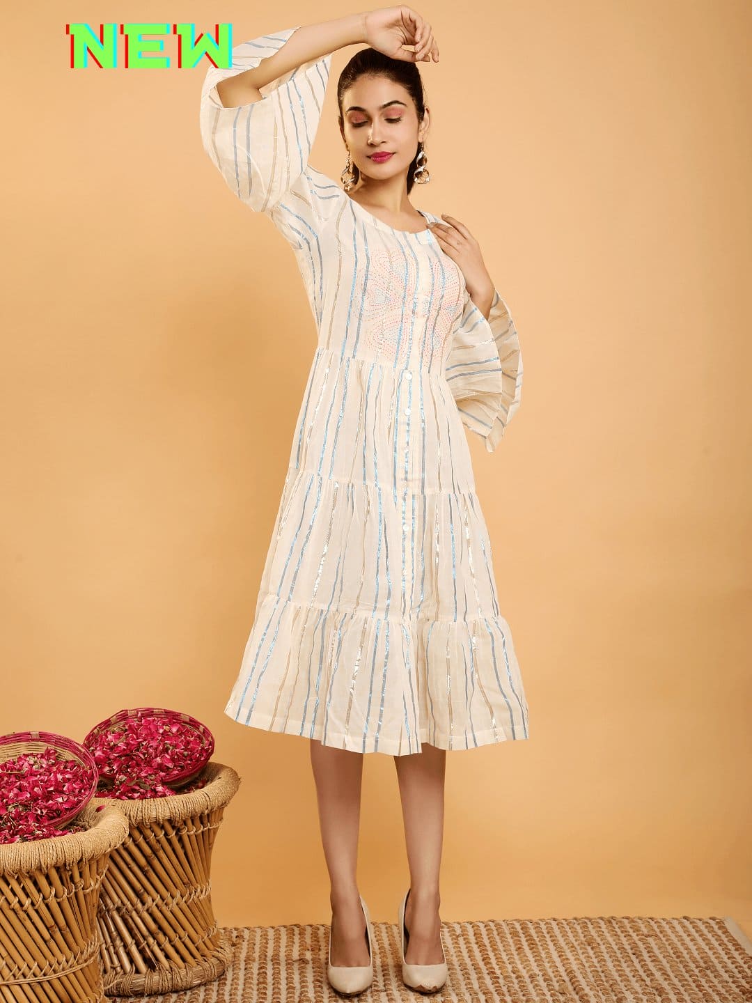 Off-White Lurex Stripe Hand Embroidered Dress - Charkha TalesOff-White Lurex Stripe Hand Embroidered Dress