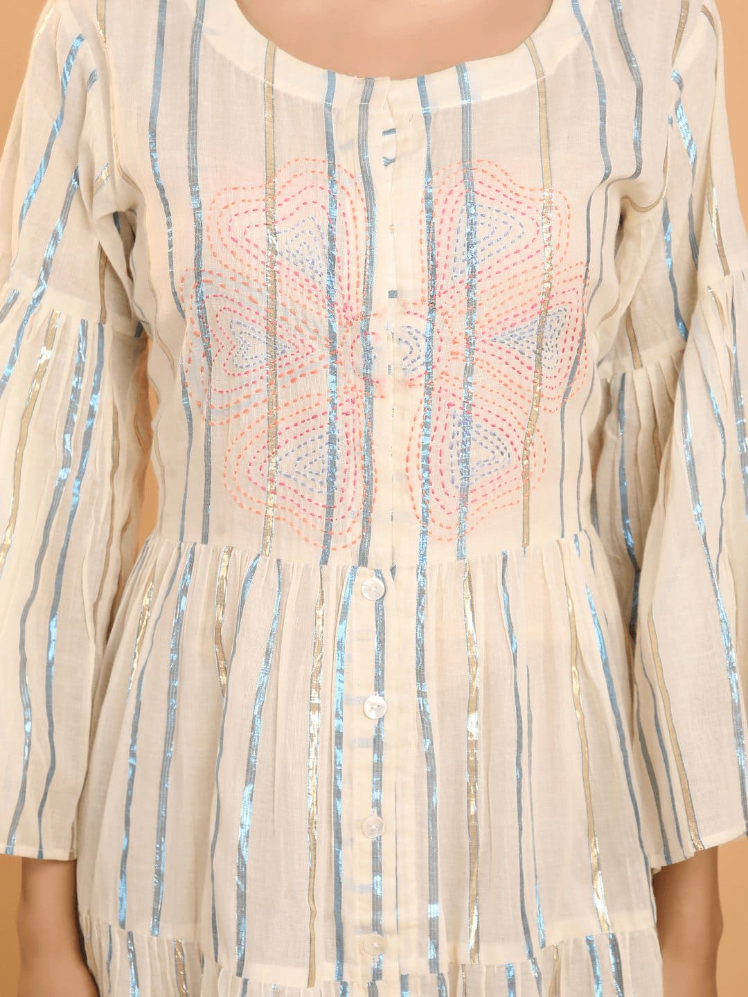Off-White Lurex Stripe Hand Embroidered Dress - Charkha TalesOff-White Lurex Stripe Hand Embroidered Dress