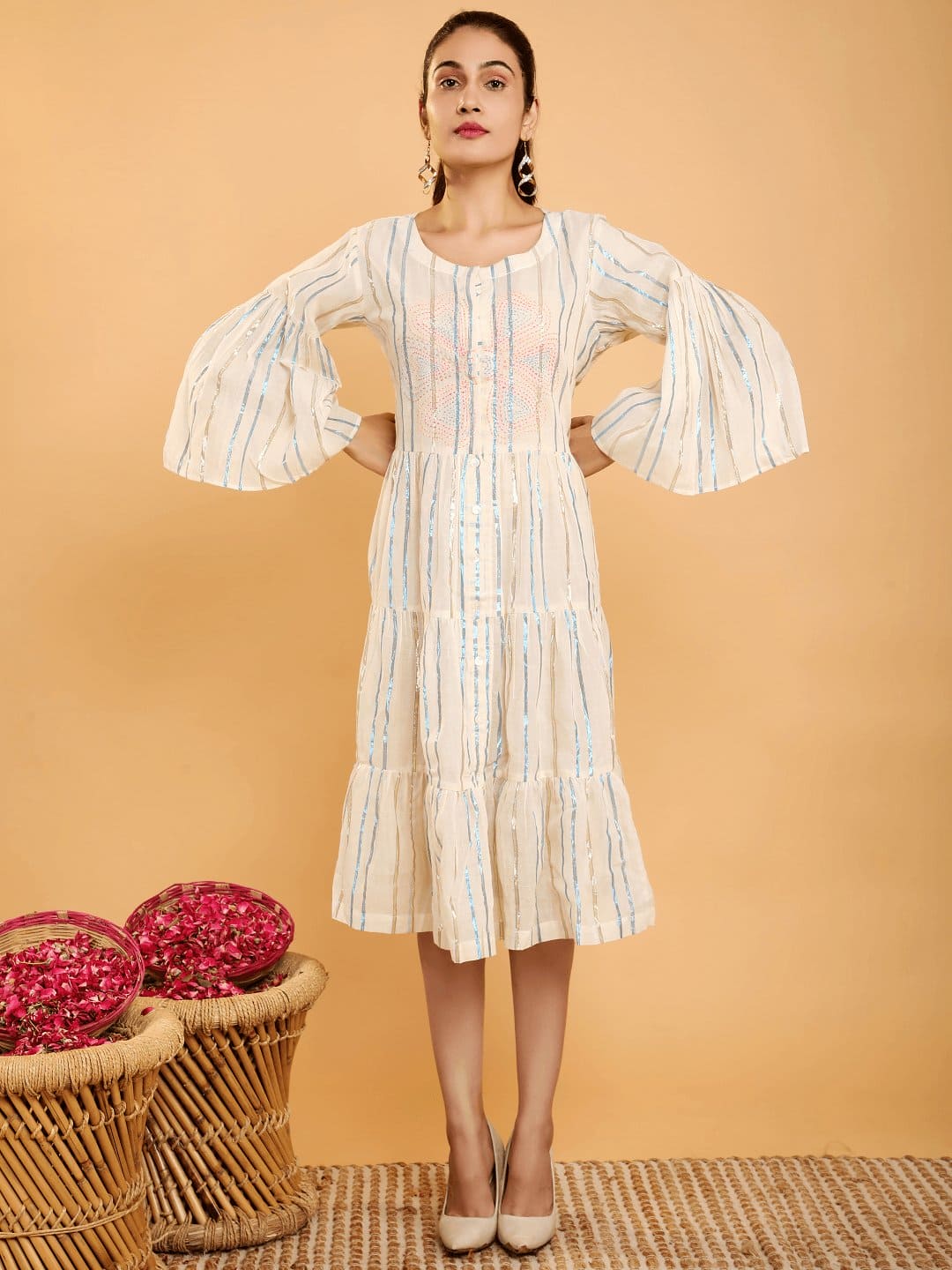 Off-White Lurex Stripe Hand Embroidered Dress - Charkha TalesOff-White Lurex Stripe Hand Embroidered Dress