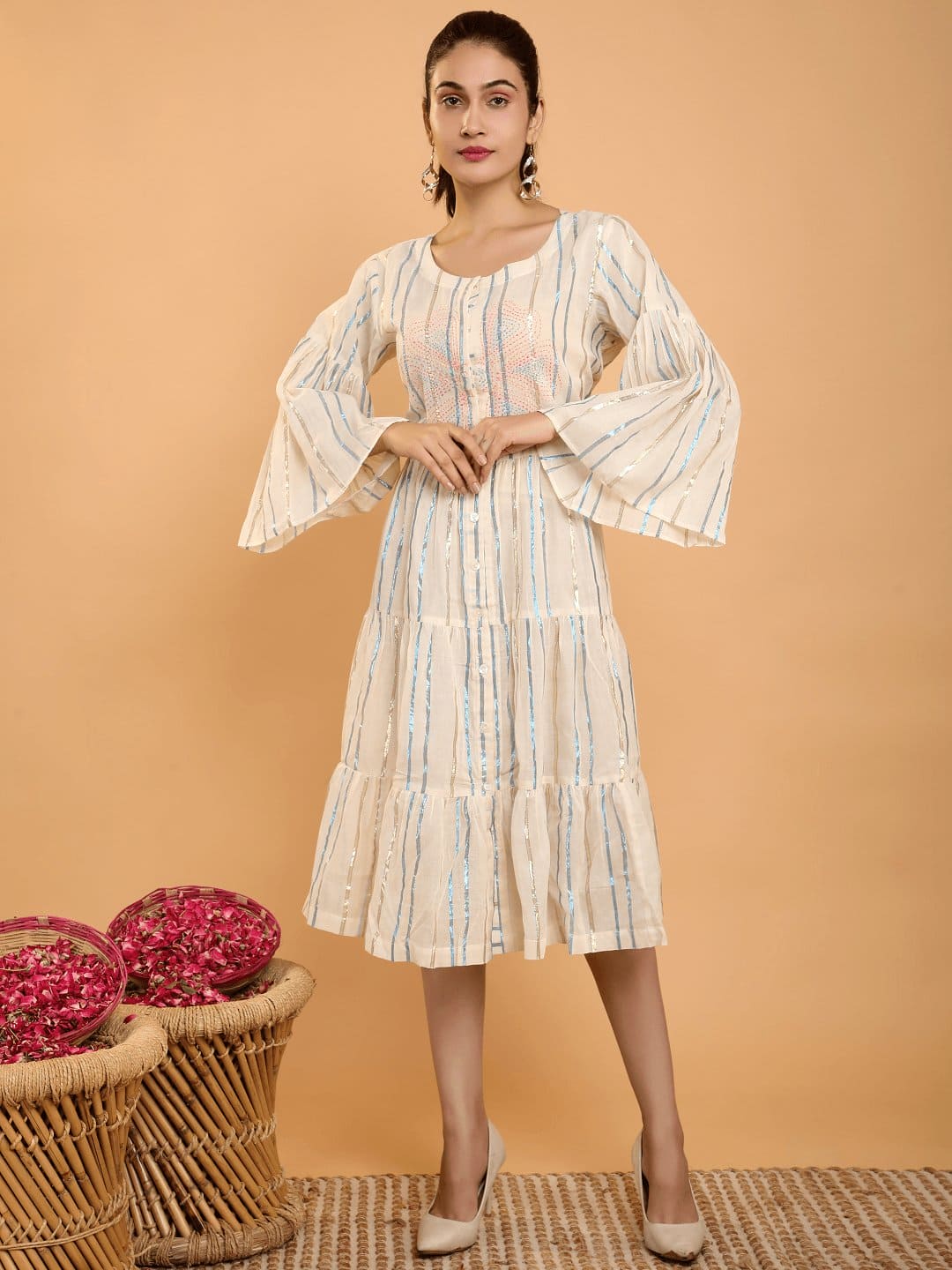 Off-White Lurex Stripe Hand Embroidered Dress - Charkha TalesOff-White Lurex Stripe Hand Embroidered Dress