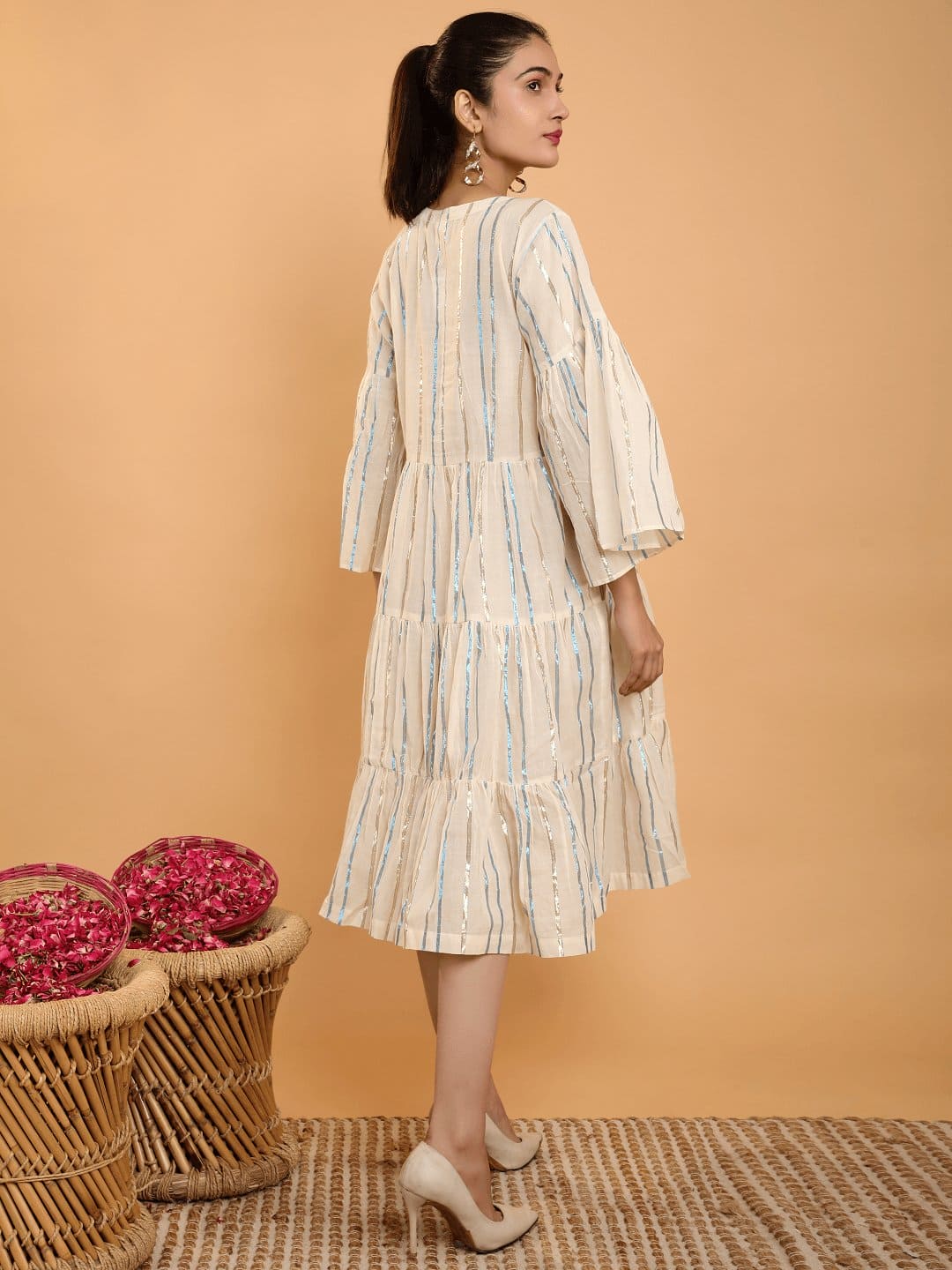 Off-White Lurex Stripe Hand Embroidered Dress - Charkha TalesOff-White Lurex Stripe Hand Embroidered Dress