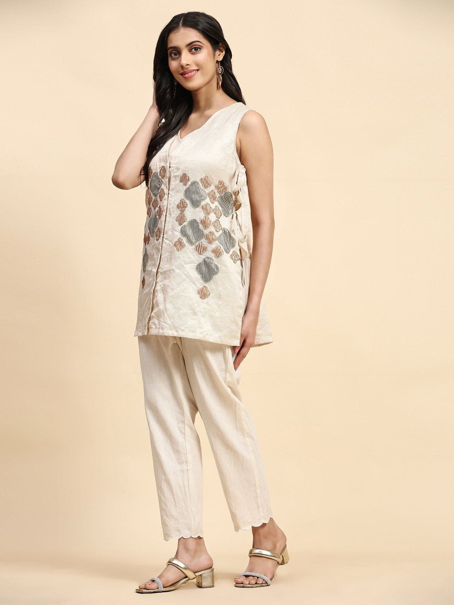 Off-White Patch Work Co-Ord Set - Charkha TalesOff-White Patch Work Co-Ord Set