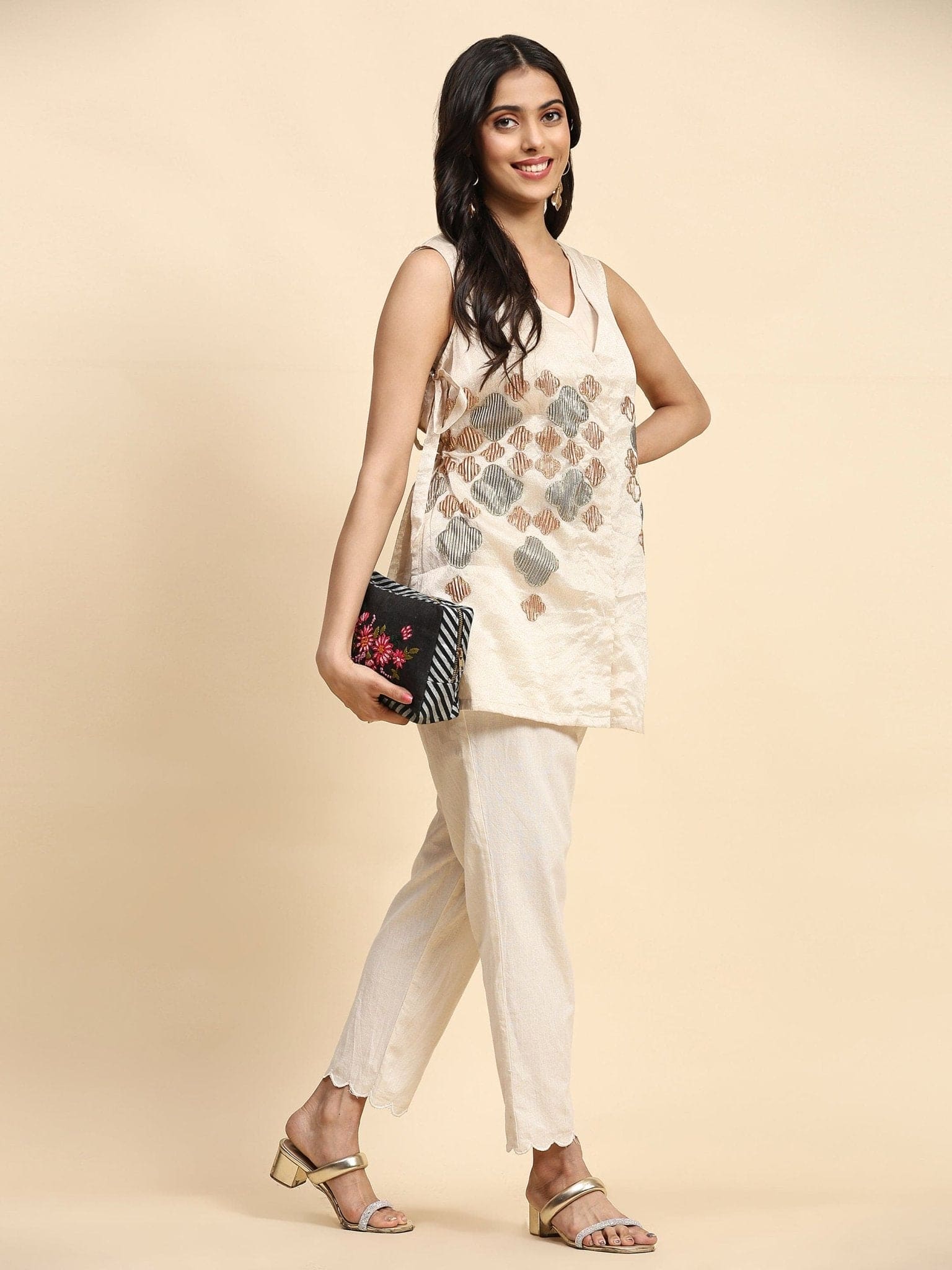 Off-White Patch Work Co-Ord Set - Charkha TalesOff-White Patch Work Co-Ord Set
