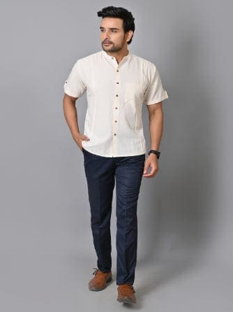 Off-White Pin-tuck Khadi Men Shirt - Charkha TalesOff-White Pin-tuck Khadi Men Shirt