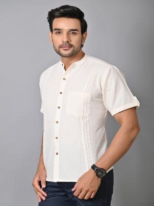 Off-White Pin-tuck Khadi Men Shirt - Charkha TalesOff-White Pin-tuck Khadi Men Shirt