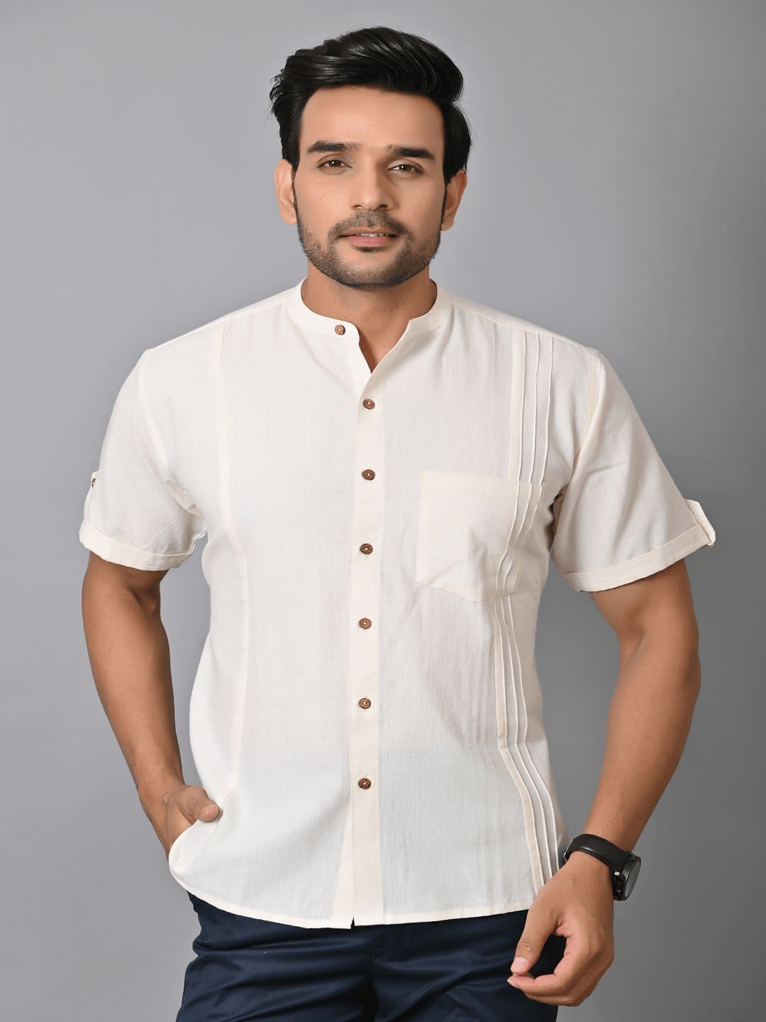 Off-White Pin-tuck Khadi Men Shirt - Charkha TalesOff-White Pin-tuck Khadi Men Shirt