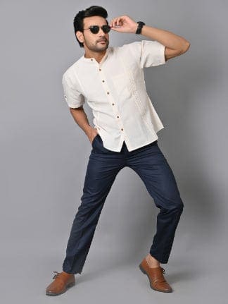 Off-White Pin-tuck Khadi Men Shirt - Charkha TalesOff-White Pin-tuck Khadi Men Shirt