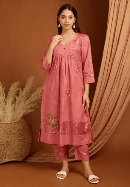 Old Rose Embroidered Linen Kurta Set - Charkha TalesOld Rose Embroidered Linen Kurta Set