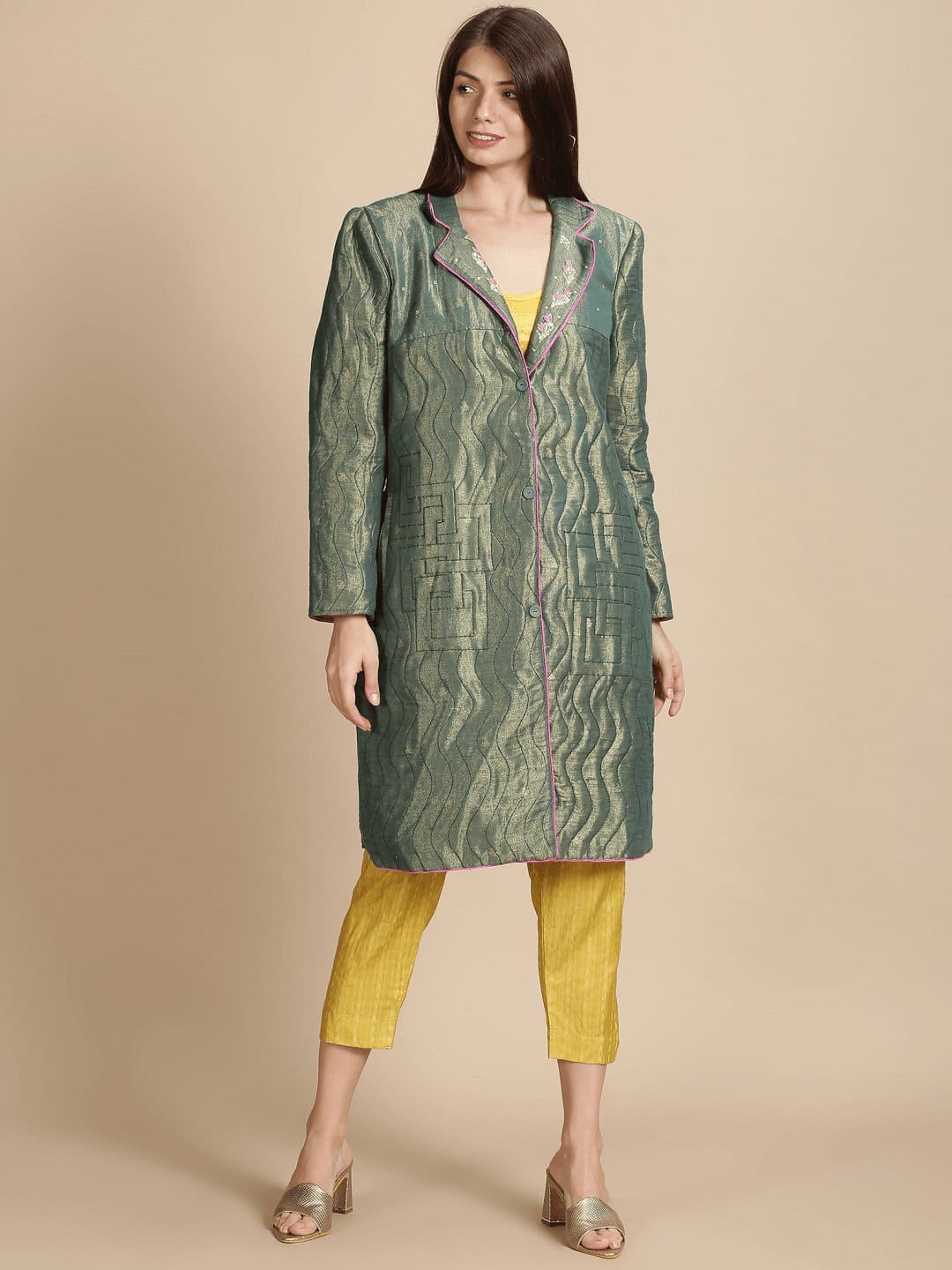 Olive Banarsi Zari Quilted Jacket - Charkha TalesOlive Banarsi Zari Quilted Jacket