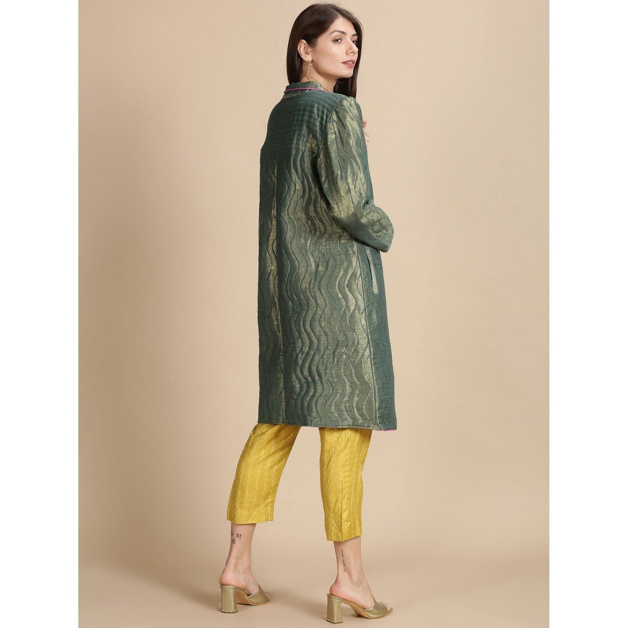 Olive Banarsi Zari Quilted Jacket - Charkha TalesOlive Banarsi Zari Quilted Jacket