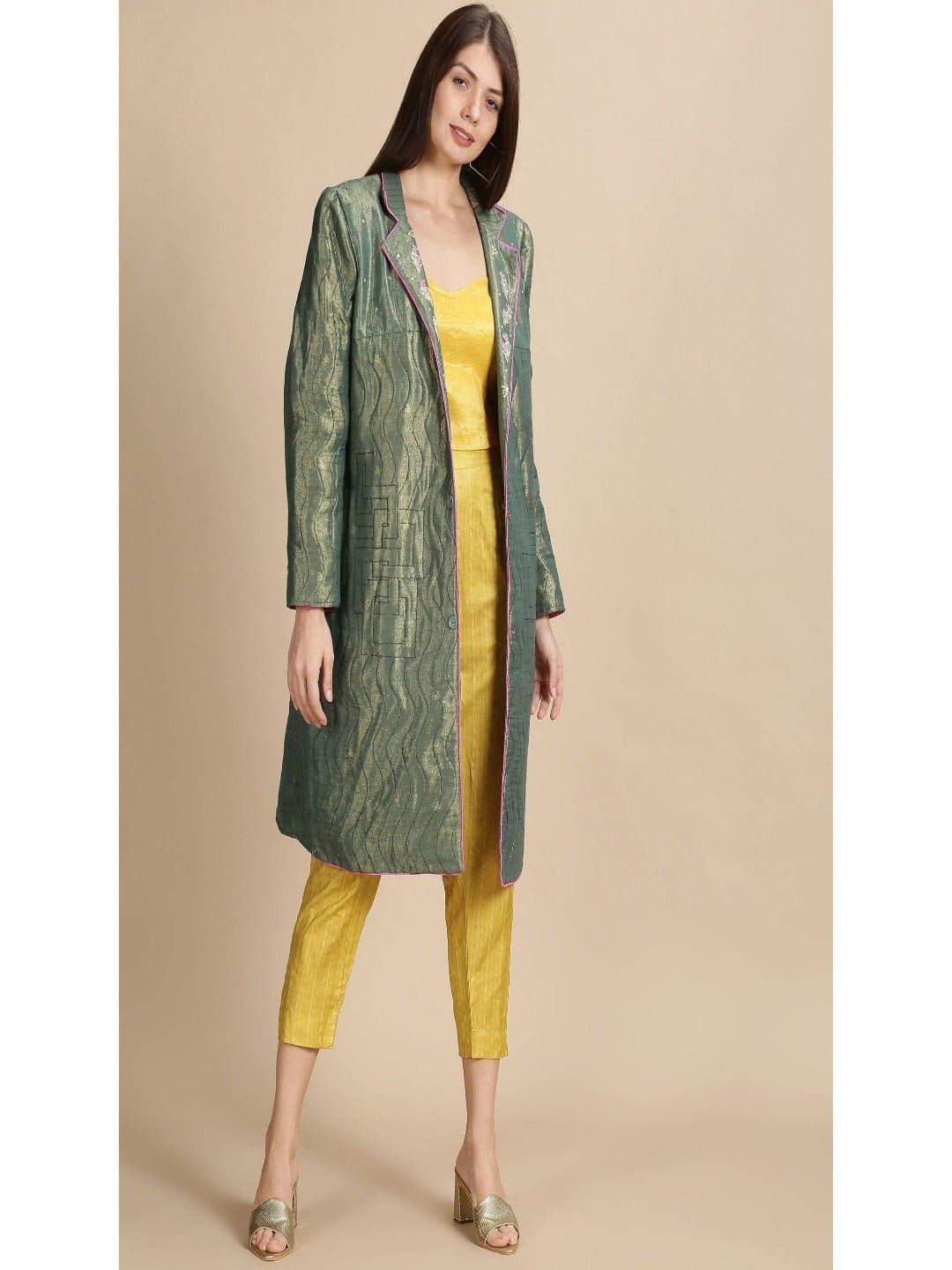 Olive Banarsi Zari Quilted Jacket - Charkha TalesOlive Banarsi Zari Quilted Jacket