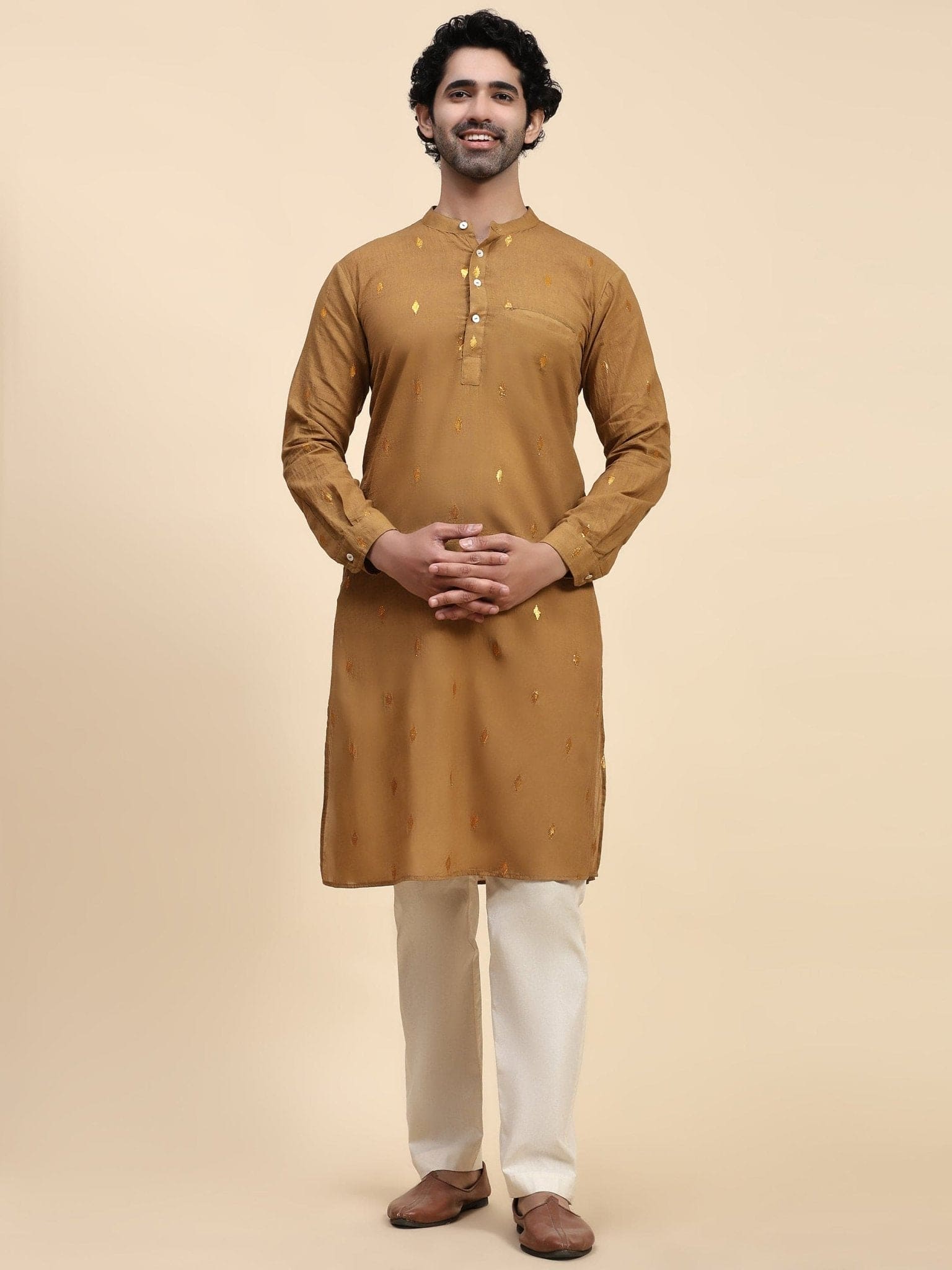 Olive Cotton Men Kurta Set - Charkha TalesOlive Cotton Men Kurta Set