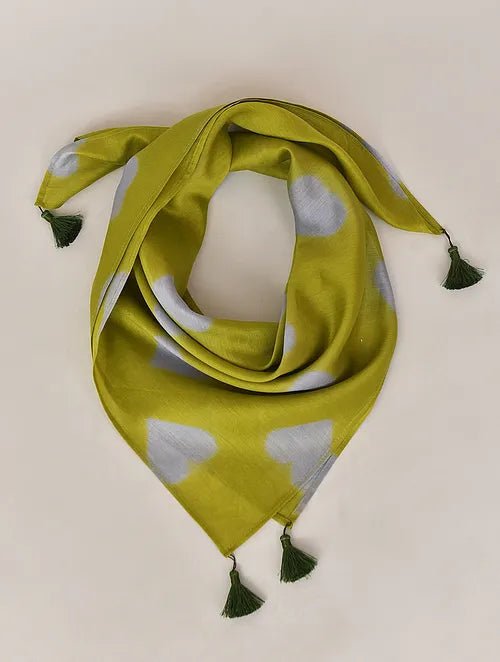 Olive green Clamp Dye Chanderi Silk Stole - Charkha TalesOlive green Clamp Dye Chanderi Silk Stole