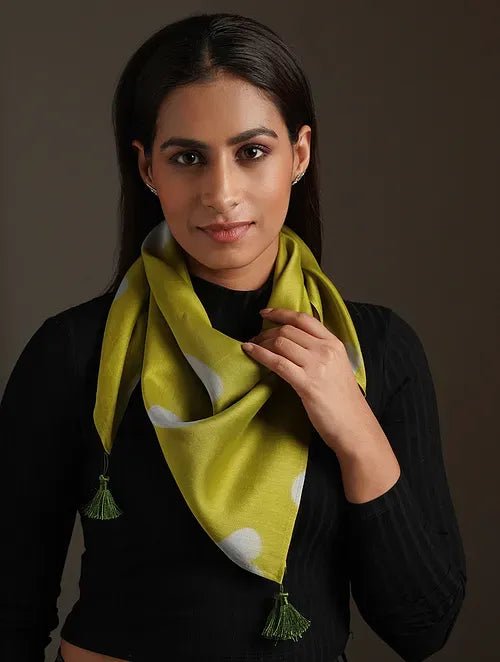 Olive green Clamp Dye Chanderi Silk Stole - Charkha TalesOlive green Clamp Dye Chanderi Silk Stole