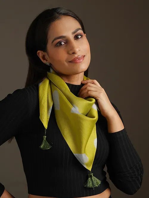 Olive green Clamp Dye Chanderi Silk Stole - Charkha TalesOlive green Clamp Dye Chanderi Silk Stole