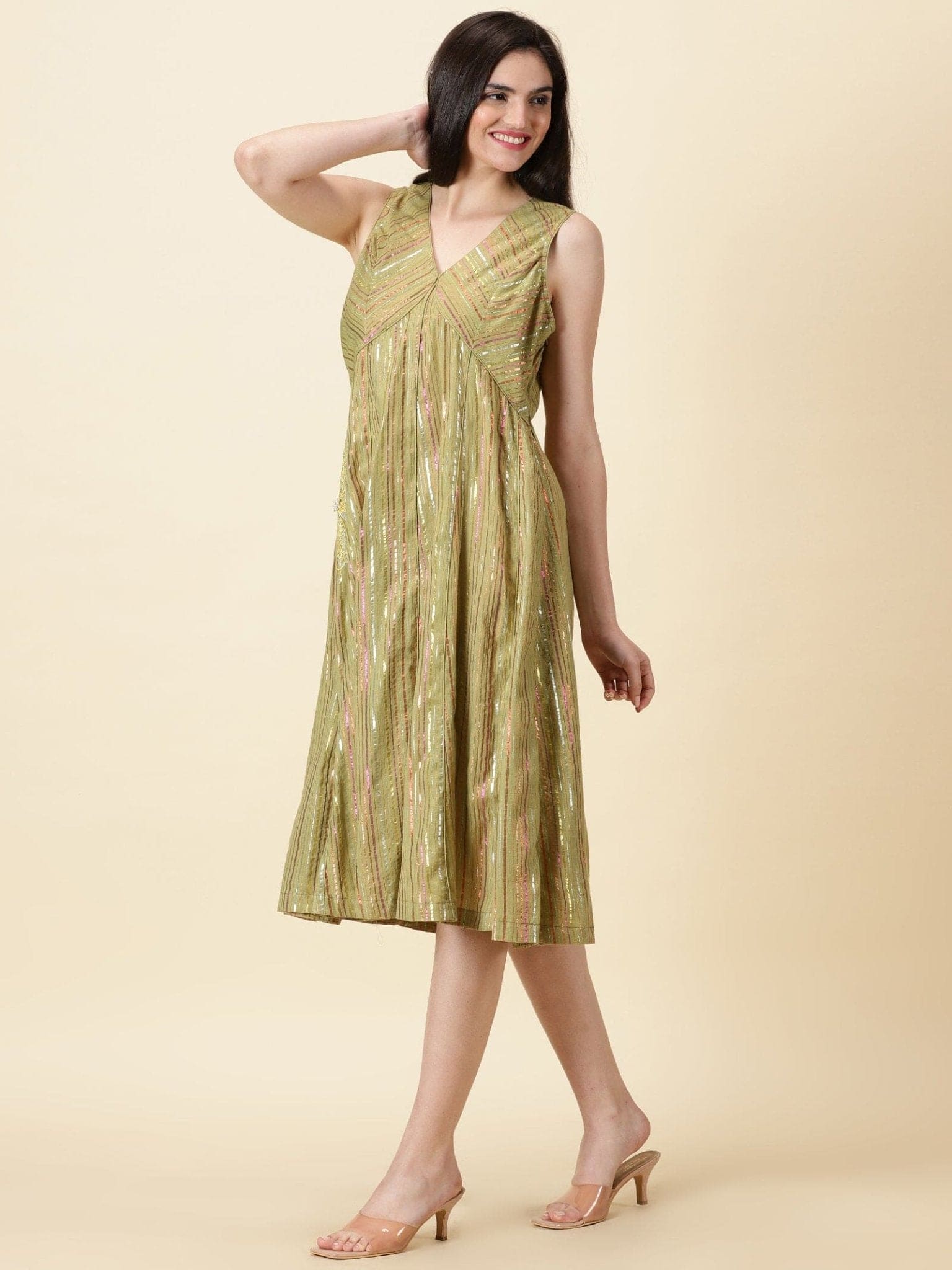 Olive Green Cotton Lurex Dress - Charkha TalesOlive Green Cotton Lurex Dress