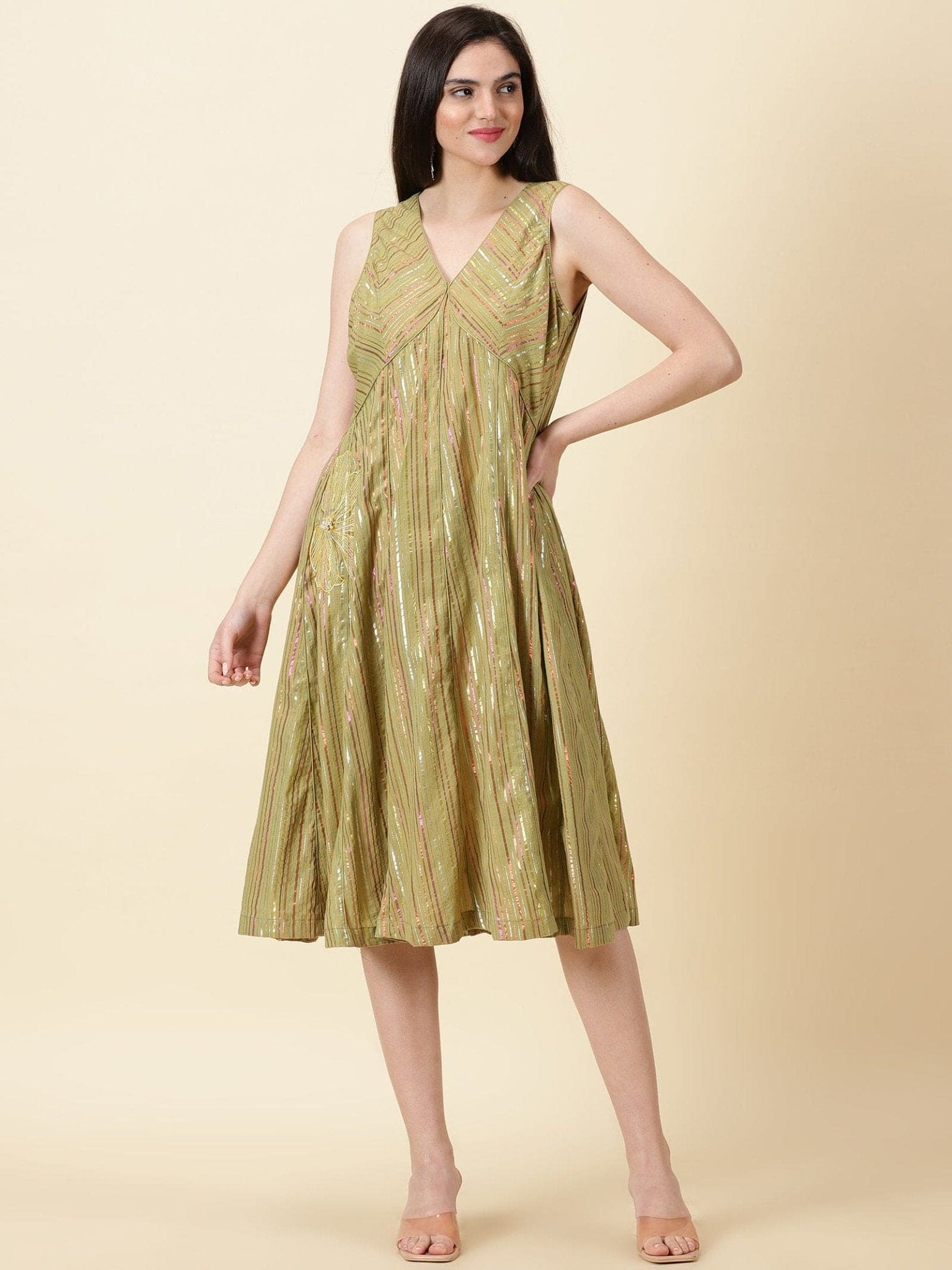 Olive Green Cotton Lurex Dress - Charkha TalesOlive Green Cotton Lurex Dress