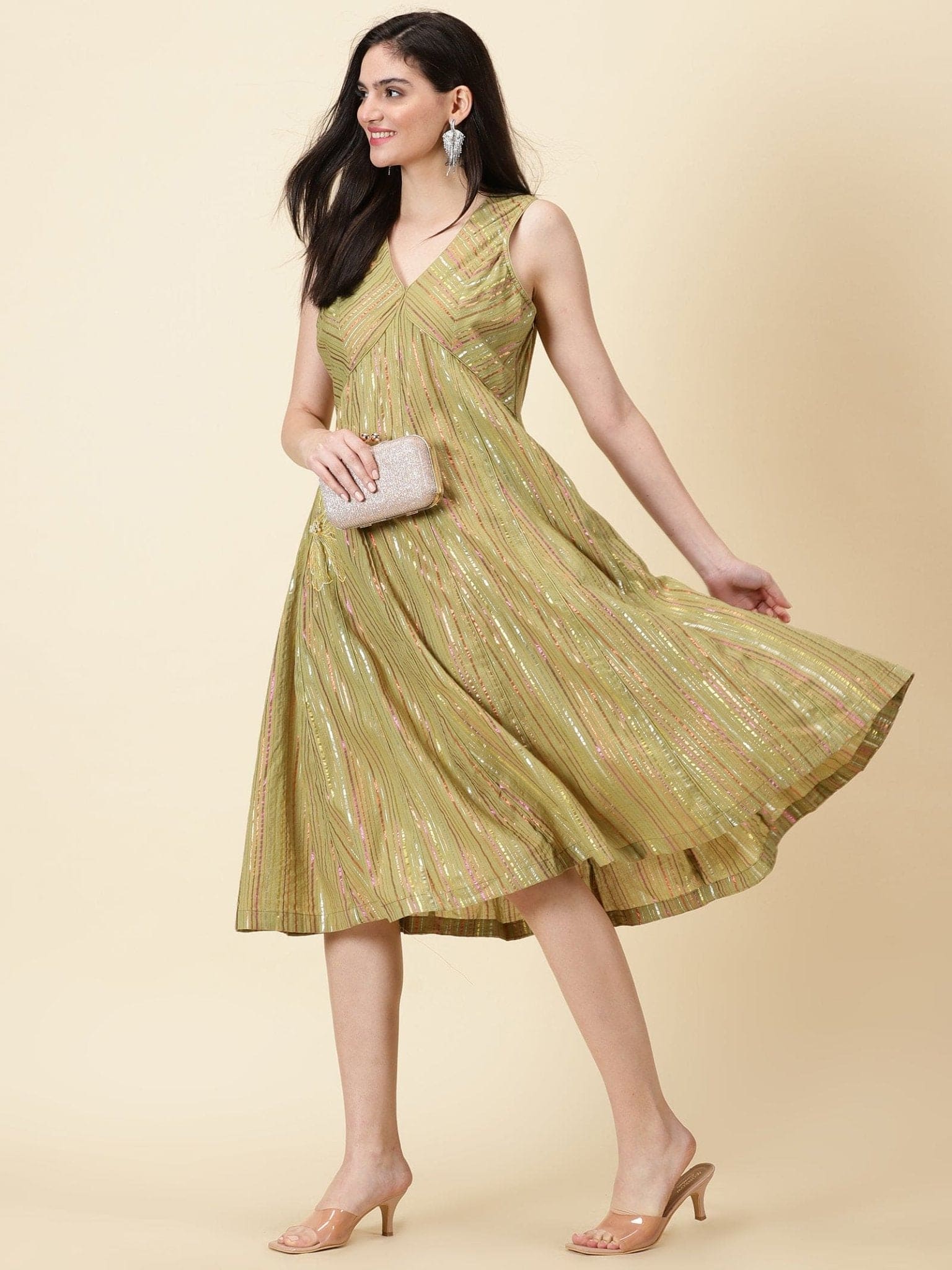 Olive Green Cotton Lurex Dress - Charkha TalesOlive Green Cotton Lurex Dress