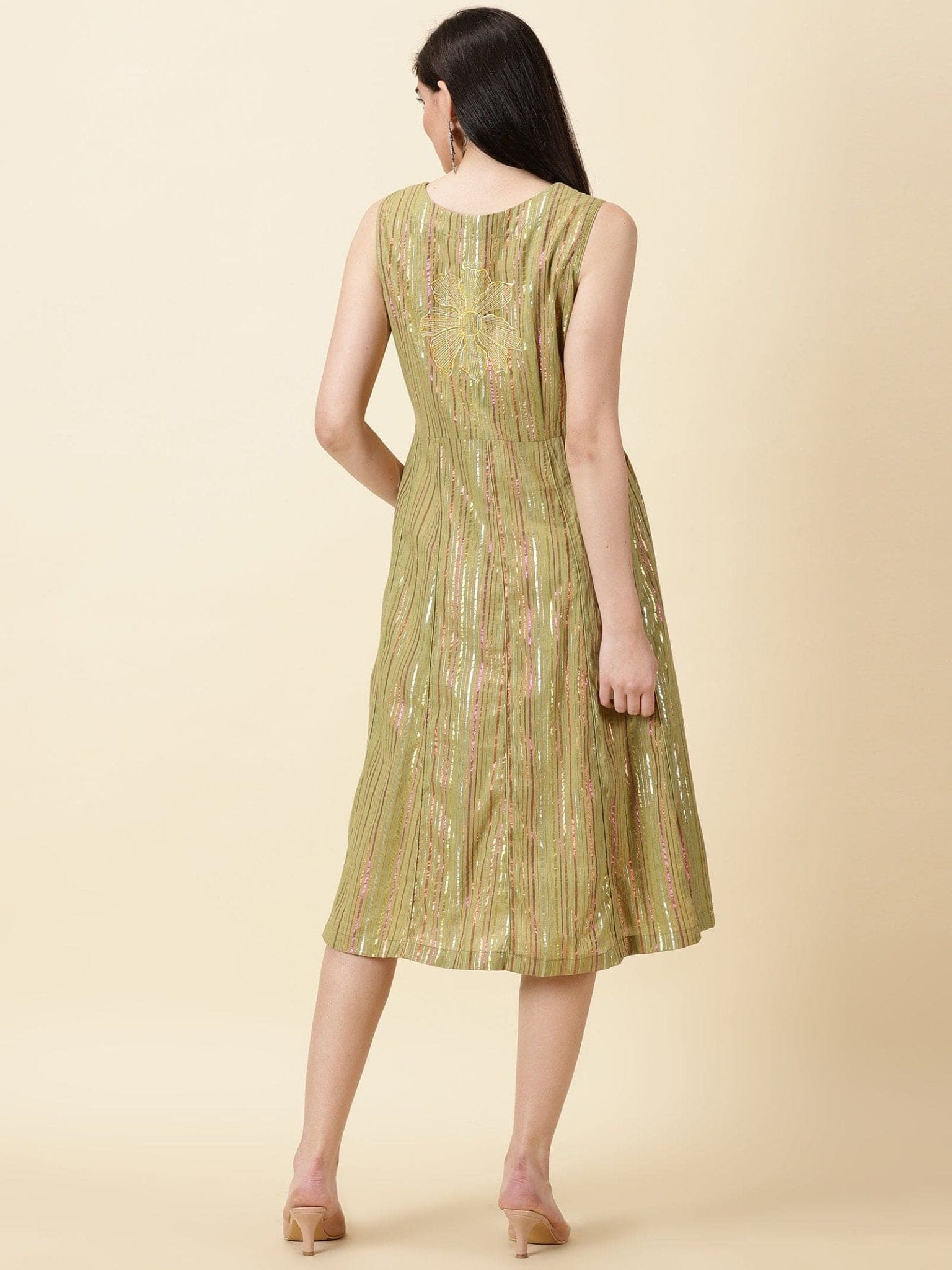 Olive Green Cotton Lurex Dress - Charkha TalesOlive Green Cotton Lurex Dress