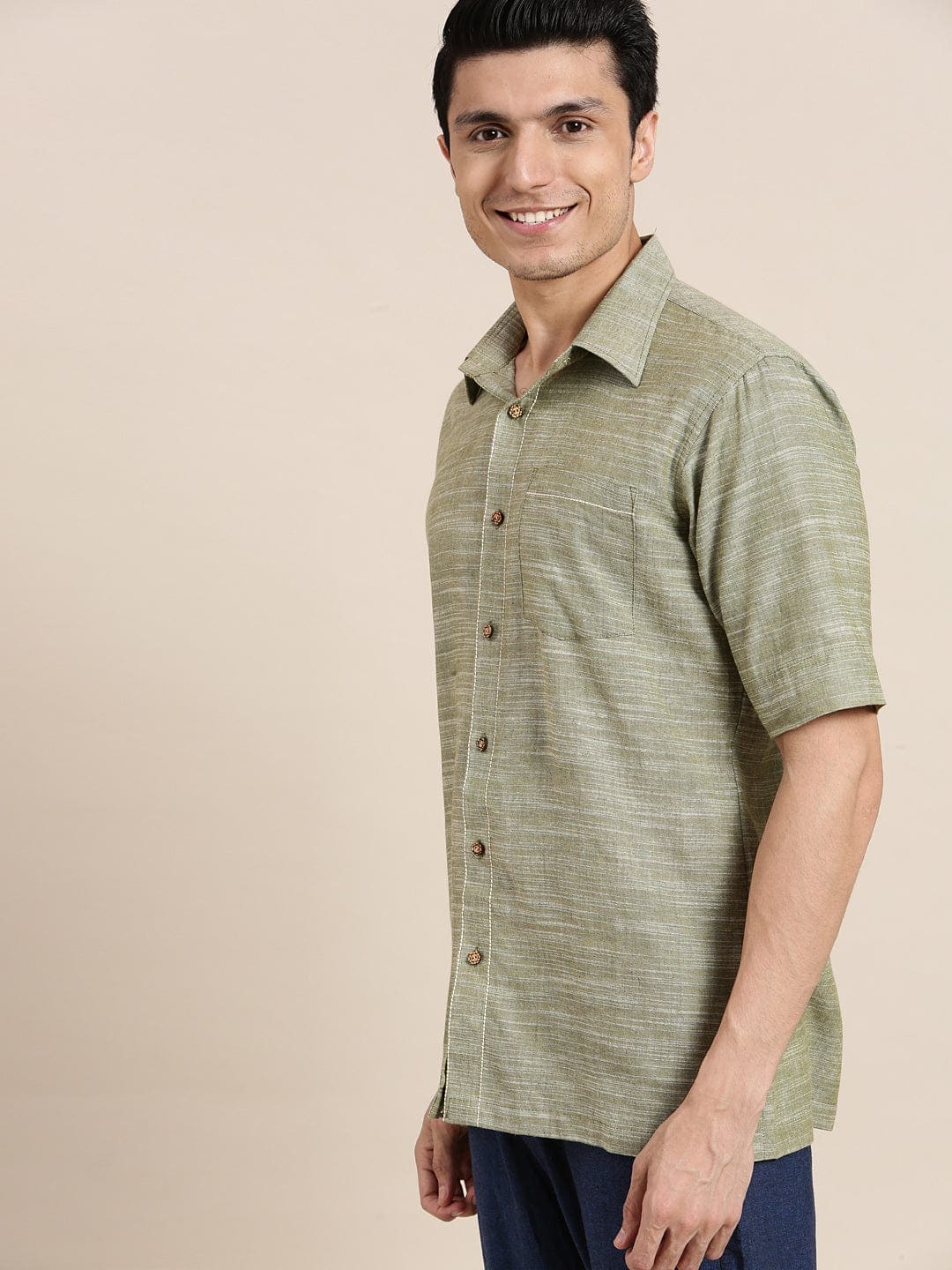 Olive Green Cotton Men Half Sleeves Shirt - Charkha TalesOlive Green Cotton Men Half Sleeves Shirt