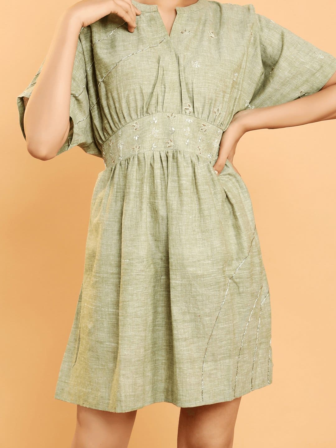 Olive Green Dabka Gotta Dress - Charkha TalesOlive Green Dabka Gotta Dress