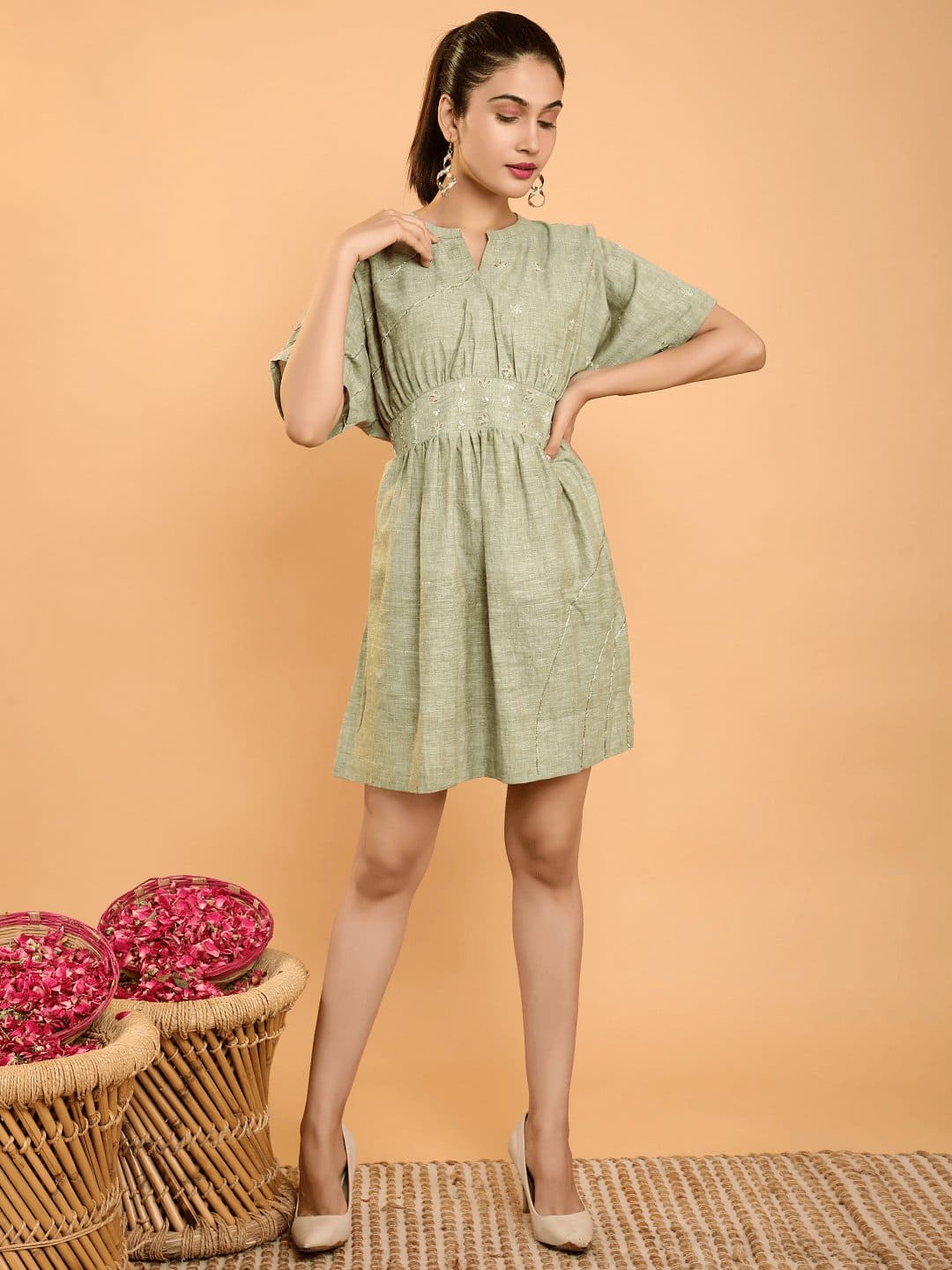 Olive Green Dabka Gotta Dress - Charkha TalesOlive Green Dabka Gotta Dress