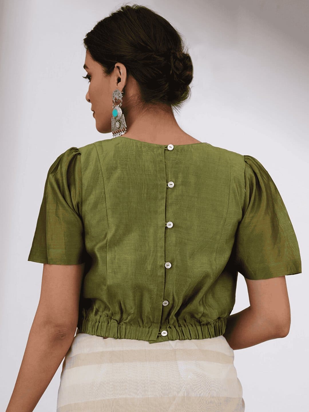 Olive Green Gota Chanderi Silk Blouse - Charkha TalesOlive Green Gota Chanderi Silk Blouse