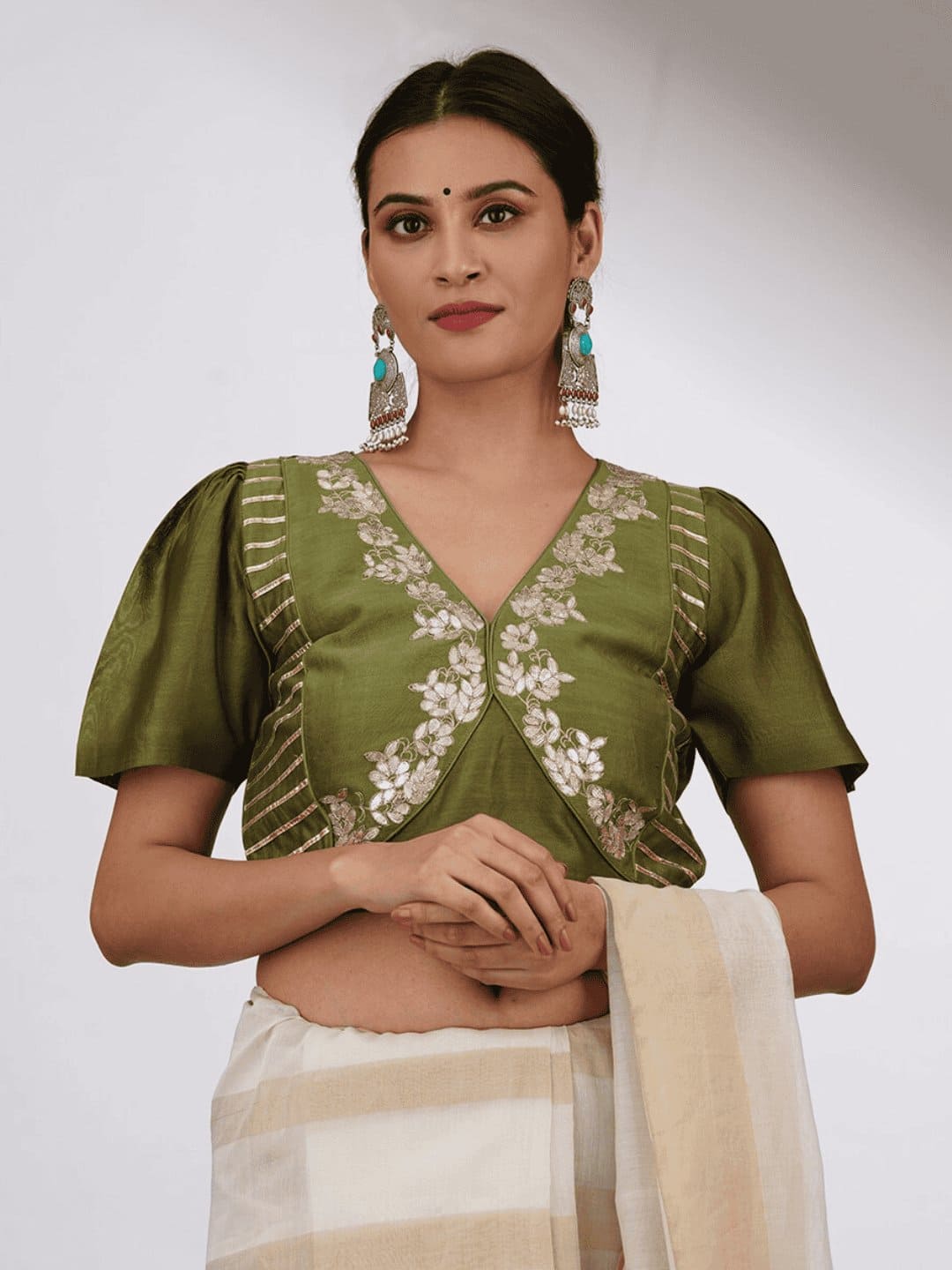 Olive Green Gota Chanderi Silk Blouse - Charkha TalesOlive Green Gota Chanderi Silk Blouse