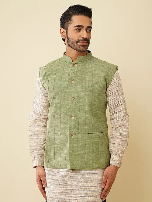 Olive Green Hand Embroidered Jacket - Charkha TalesOlive Green Hand Embroidered Jacket
