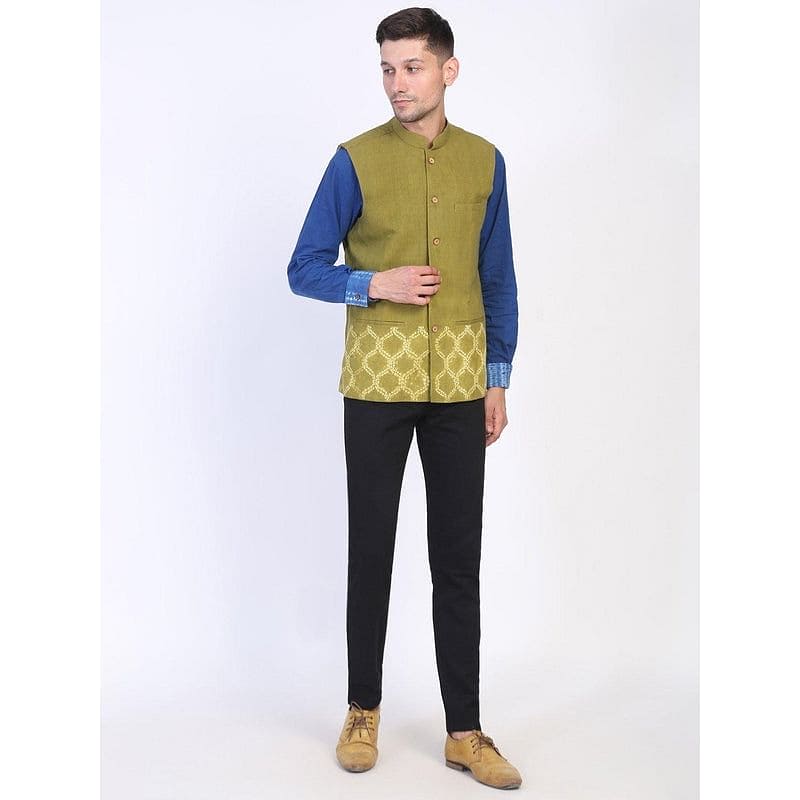 Olive Green Nehru Tie Dye Jacket - Charkha TalesOlive Green Nehru Tie Dye Jacket