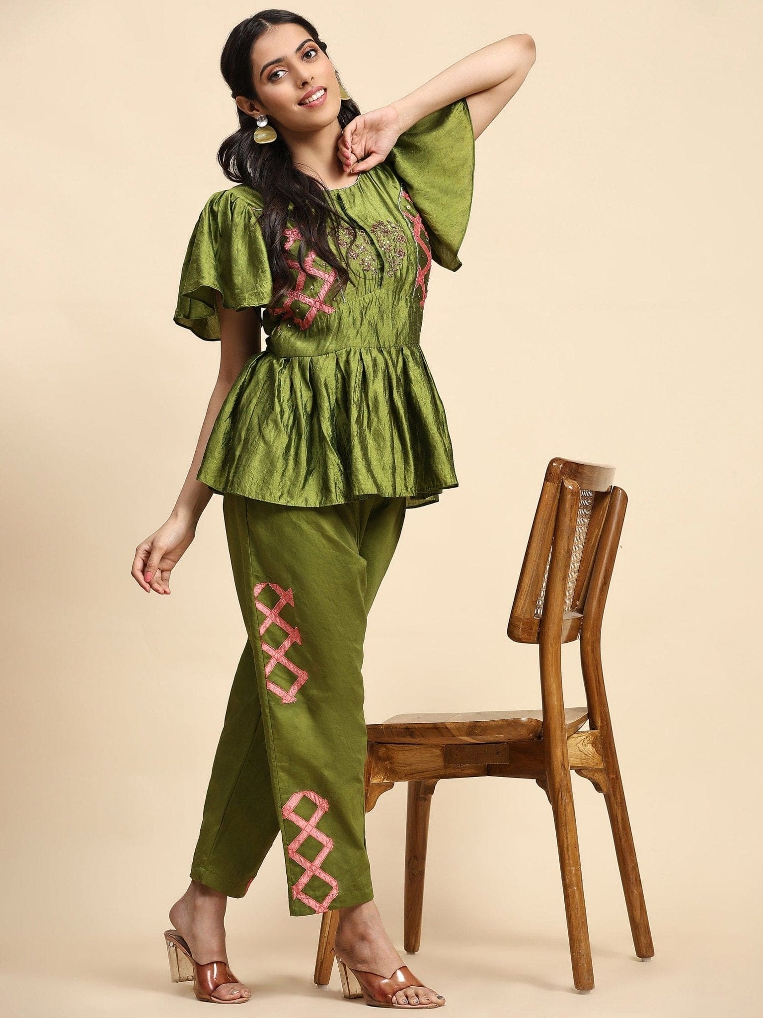 Olive Green Patch Work Co-ord Set - Charkha TalesOlive Green Patch Work Co-ord Set