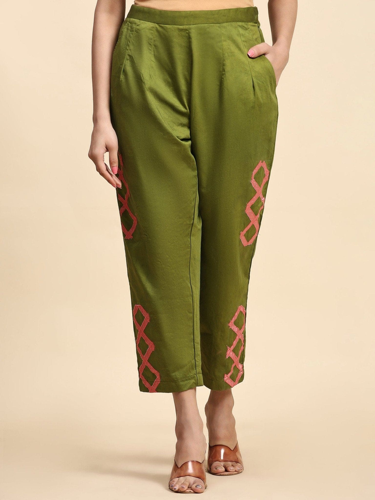 Olive Green Patch Work Co-ord Set - Charkha TalesOlive Green Patch Work Co-ord Set