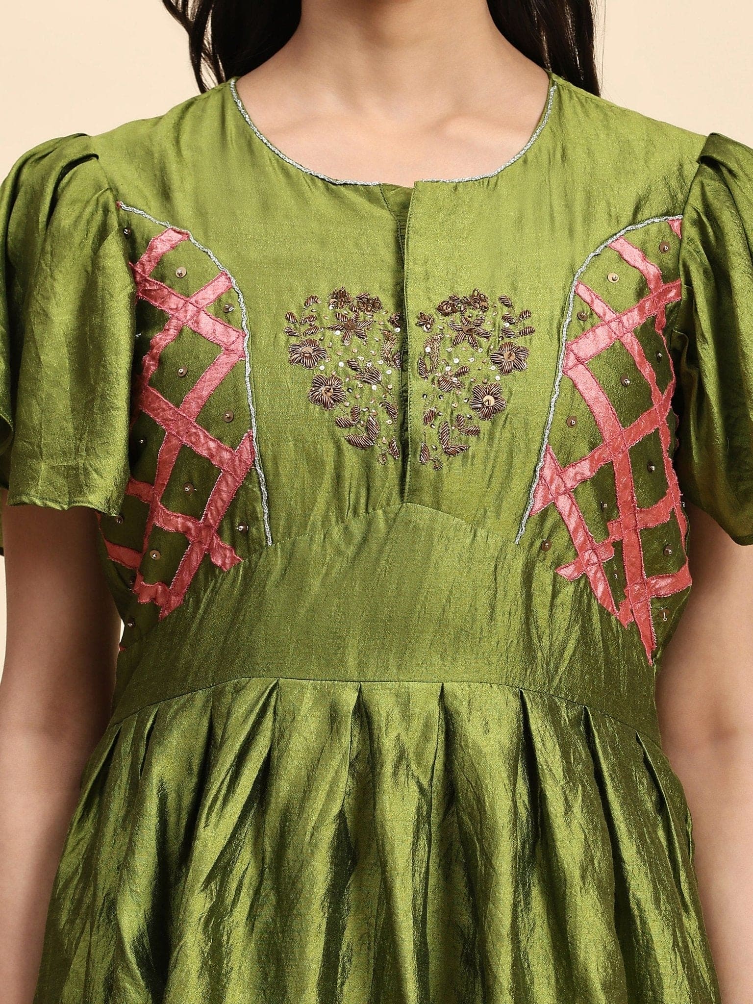 Olive Green Patch Work Co-ord Set - Charkha TalesOlive Green Patch Work Co-ord Set