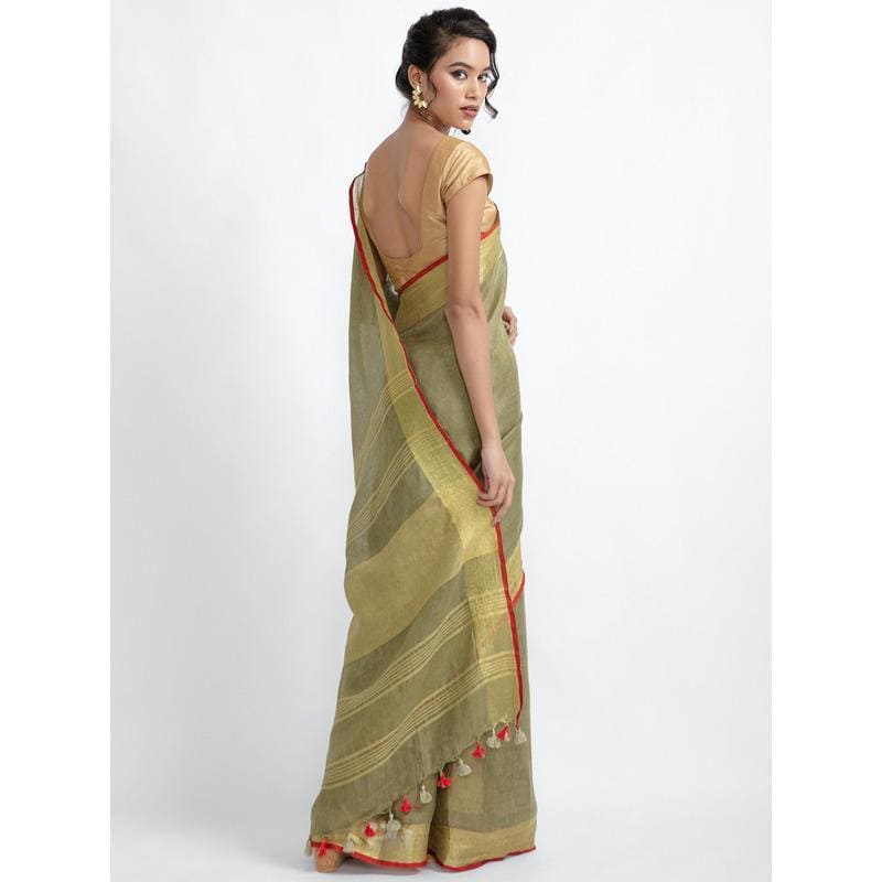 Olive Green Saree With Red Borders - Charkha TalesOlive Green Saree With Red Borders