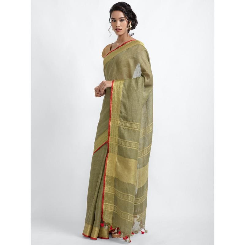 Olive Green Saree With Red Borders - Charkha TalesOlive Green Saree With Red Borders
