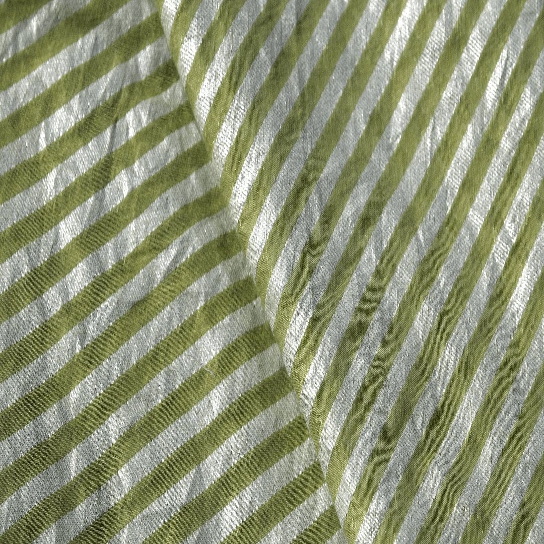 Olive Green Silver Stripes Chanderi Fabric - Charkha TalesOlive Green Silver Stripes Chanderi Fabric