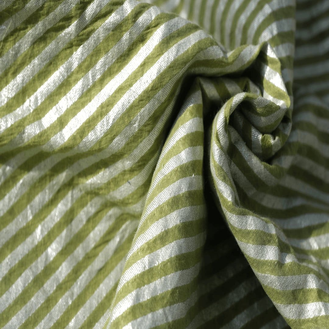 Olive Green Silver Stripes Chanderi Fabric - Charkha TalesOlive Green Silver Stripes Chanderi Fabric