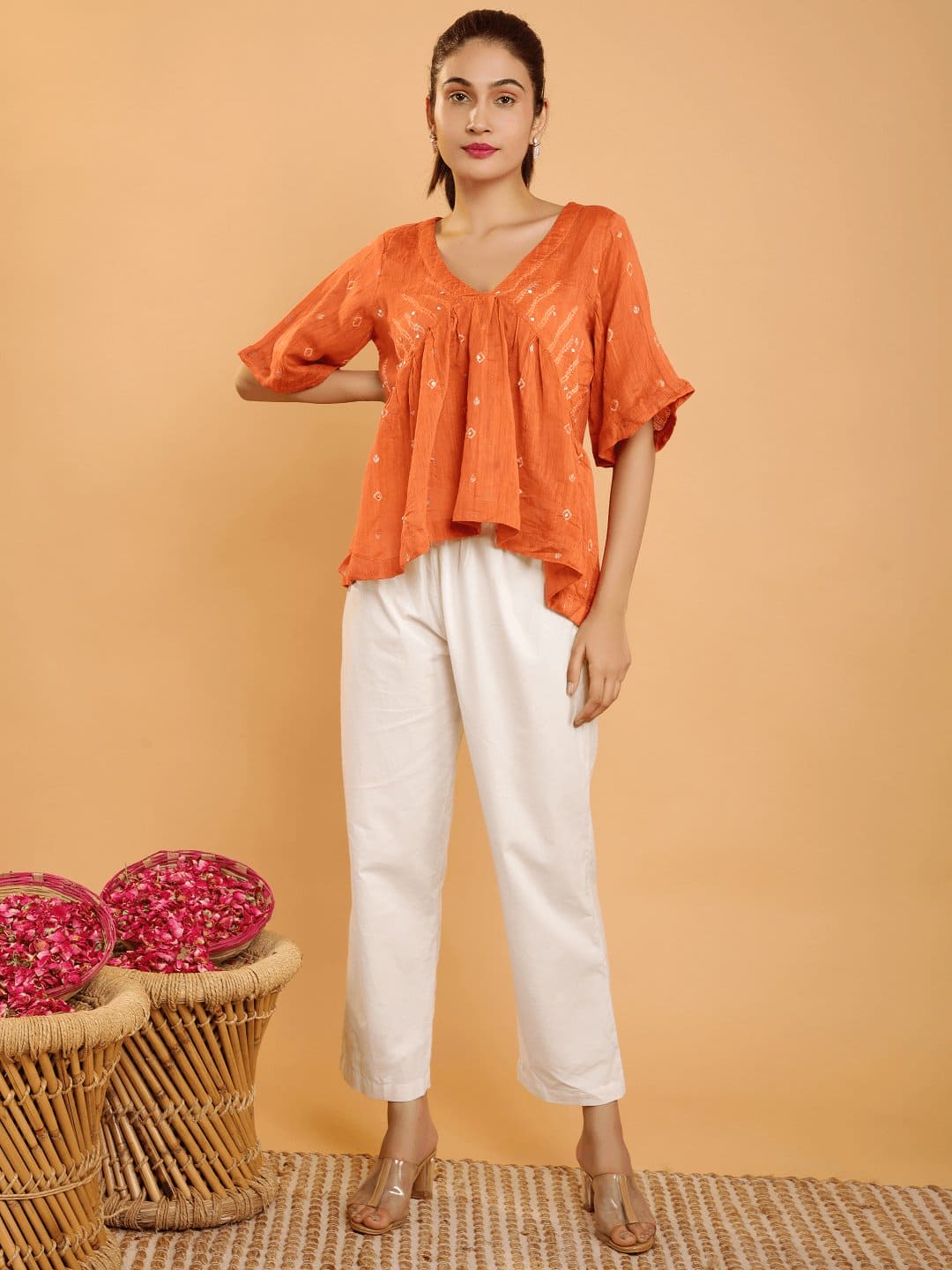 Orange Bandhani Peplum Co-Ord Set - Charkha TalesOrange Bandhani Peplum Co-Ord Set