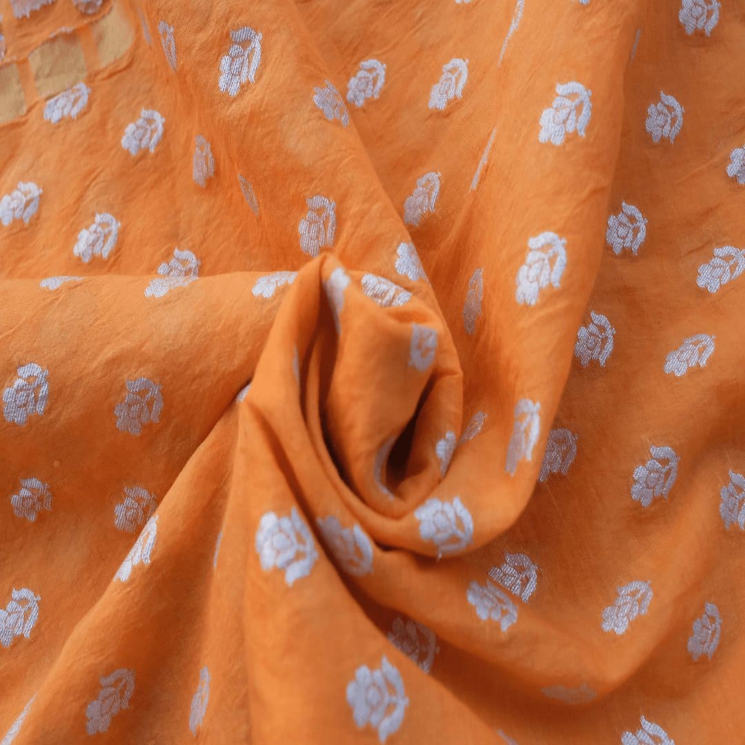 Orange Floral Silk Chanderi Fabric - Charkha TalesOrange Floral Silk Chanderi Fabric