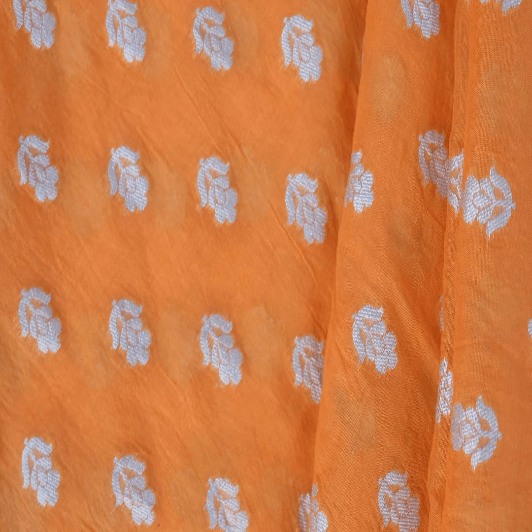 Orange Floral Silk Chanderi Fabric - Charkha TalesOrange Floral Silk Chanderi Fabric