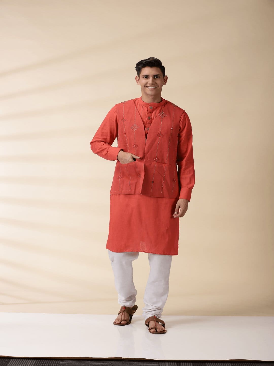 Orange Khadi Men's Nehru Jacket & Kurta Set - Charkha TalesOrange Khadi Men's Nehru Jacket & Kurta Set