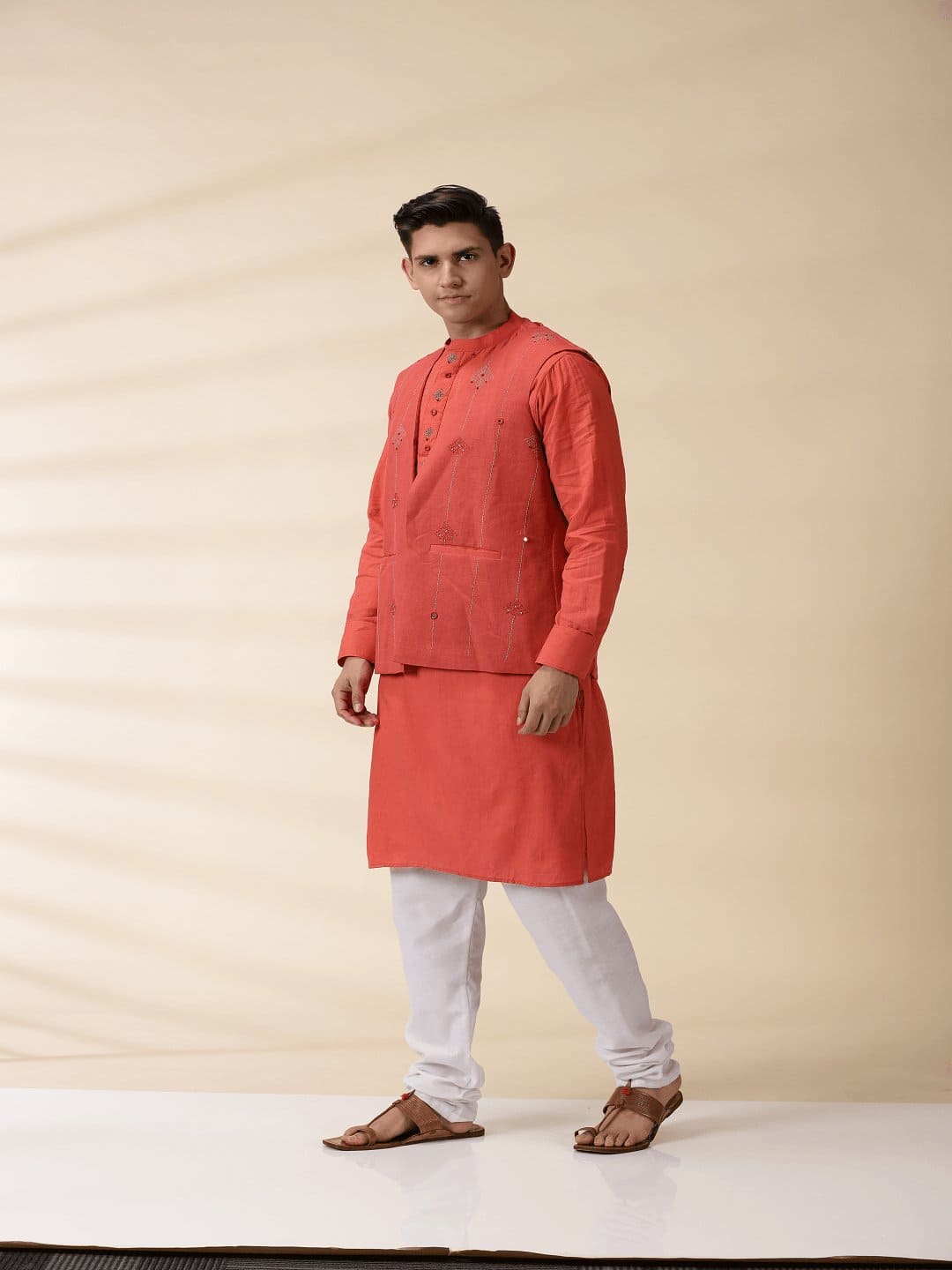 Orange Khadi Men's Nehru Jacket & Kurta Set - Charkha TalesOrange Khadi Men's Nehru Jacket & Kurta Set