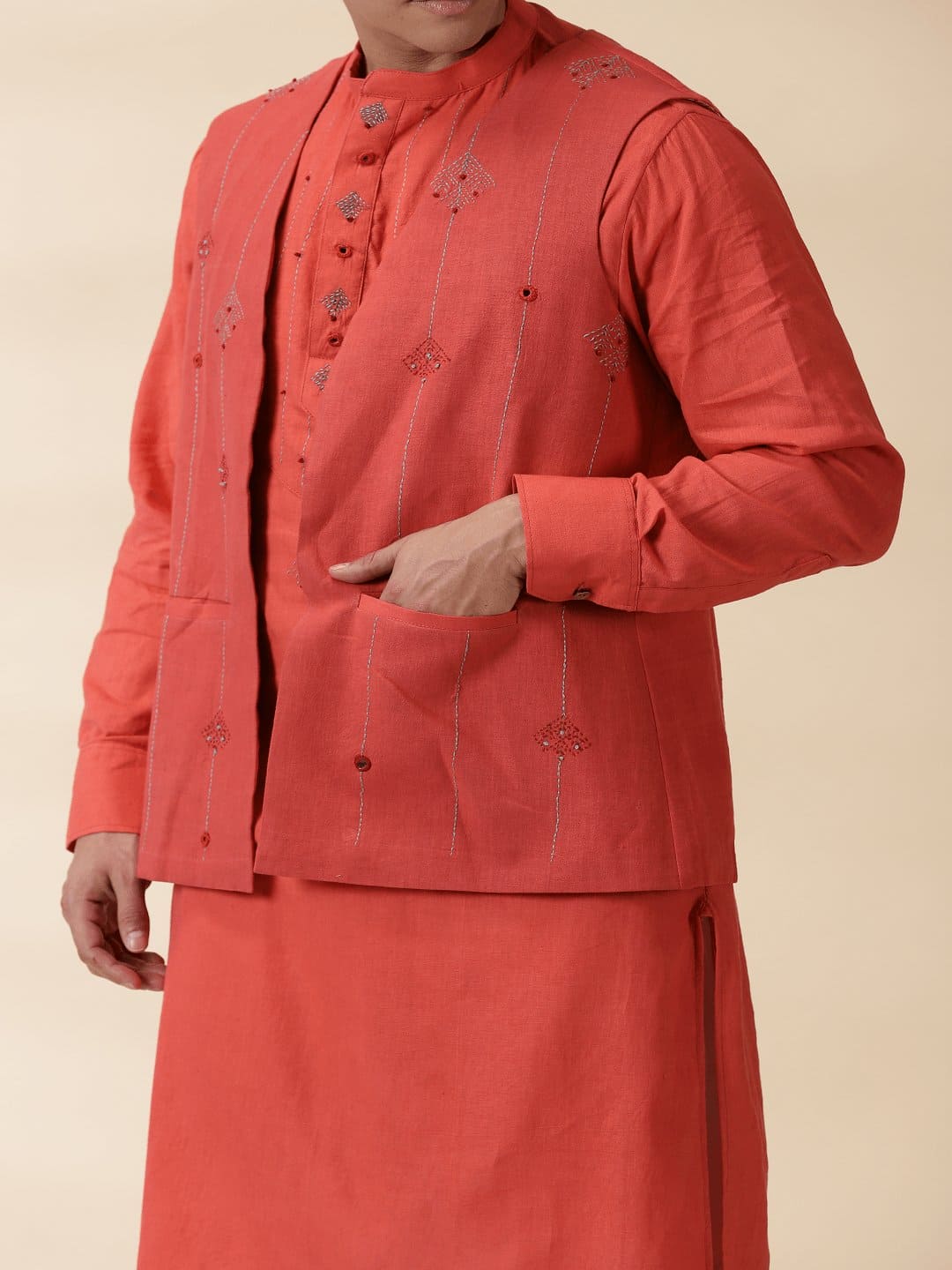 Orange Khadi Men's Nehru Jacket & Kurta Set - Charkha TalesOrange Khadi Men's Nehru Jacket & Kurta Set