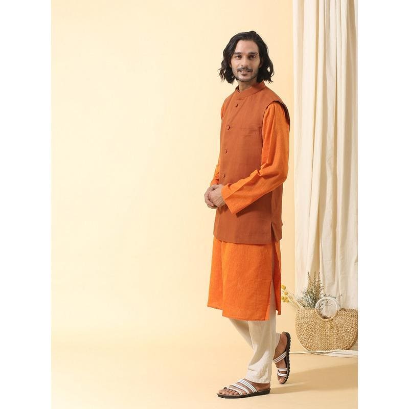 Orange Men Nehru Jacket - Charkha TalesOrange Men Nehru Jacket