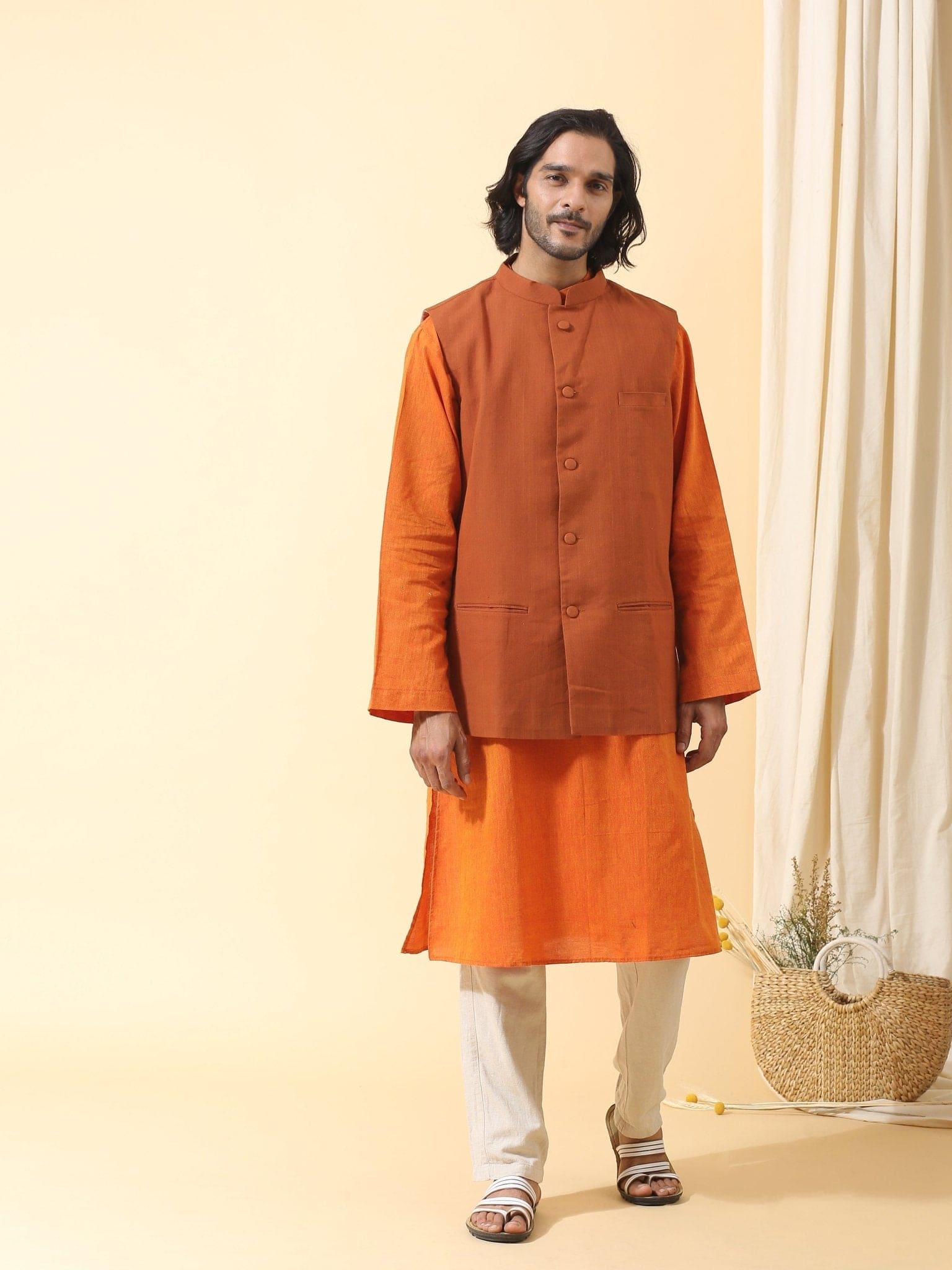 Orange Men Nehru Jacket - Charkha TalesOrange Men Nehru Jacket