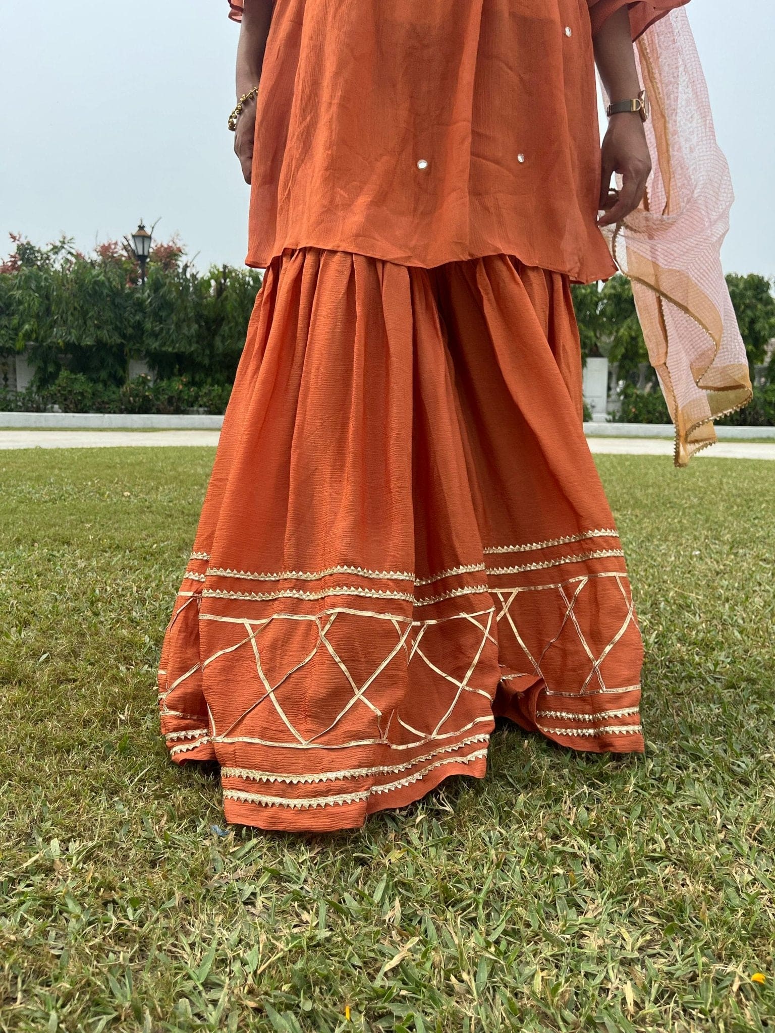 Orange Mirror Work Sharara Set of 3 - Charkha TalesOrange Mirror Work Sharara Set of 3