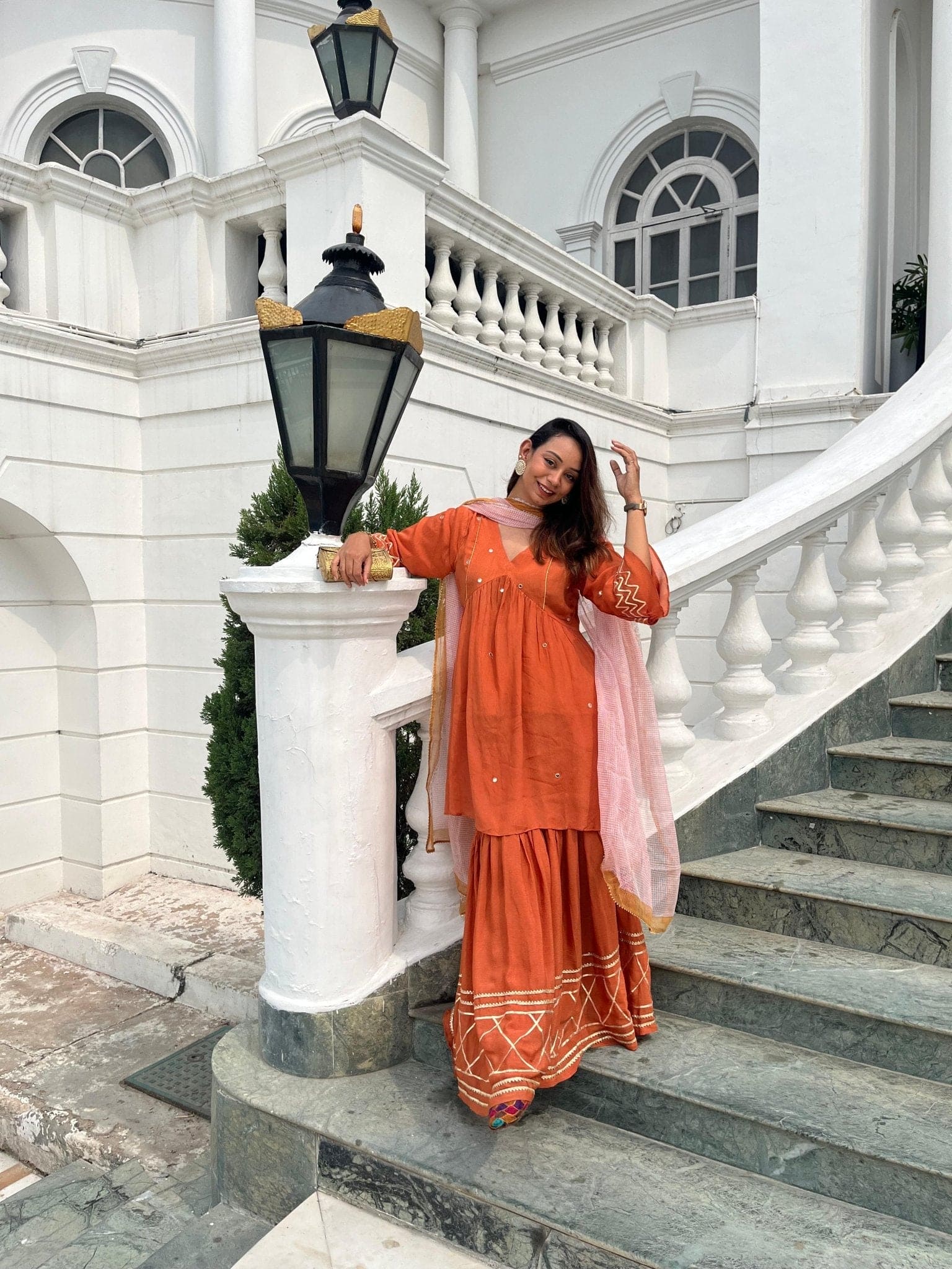 Orange Mirror Work Sharara Set of 3 - Charkha TalesOrange Mirror Work Sharara Set of 3